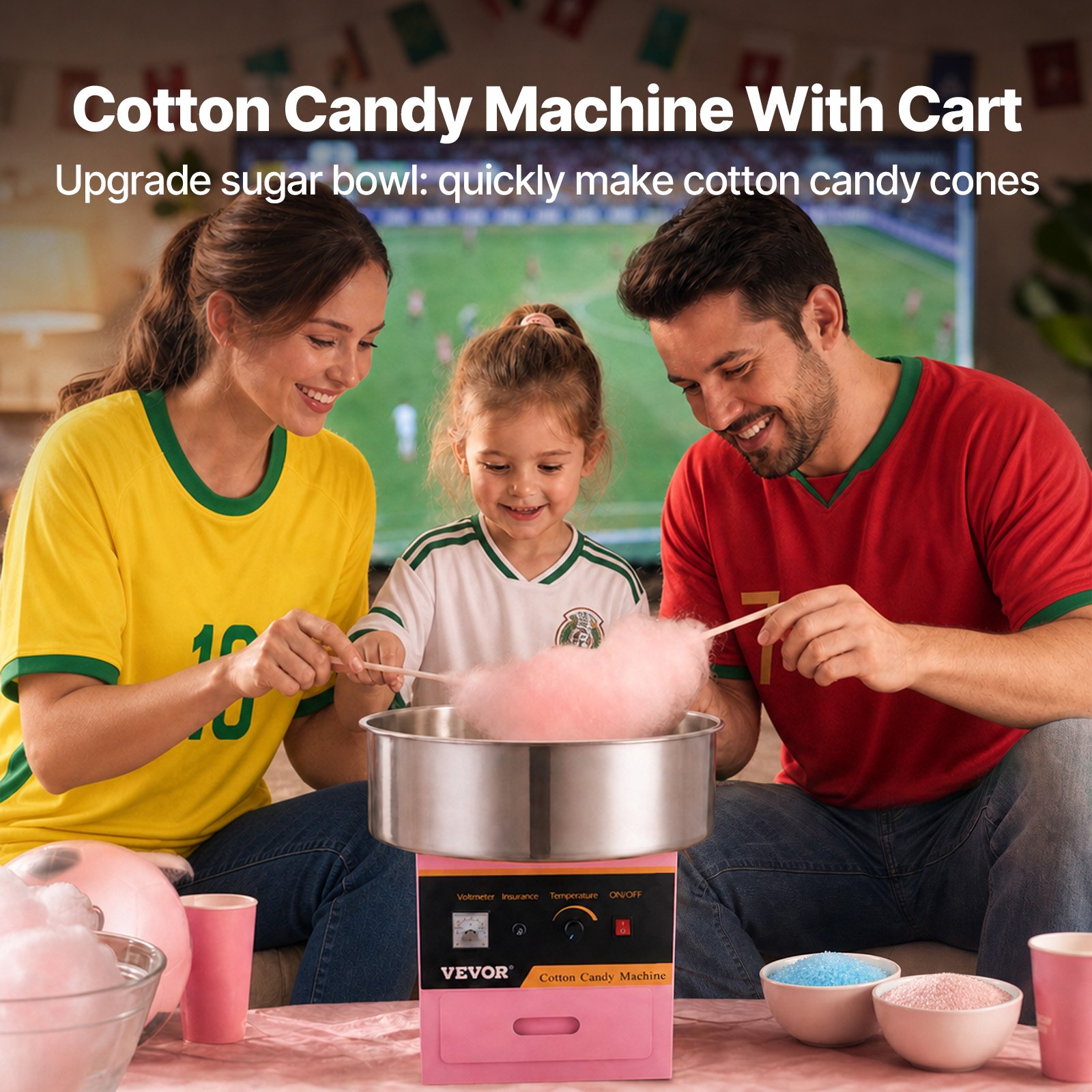 VEVOR Electric Cotton Candy Machine 1000W Commercial Candy Floss Maker, Ideal for Home, Carnival, Birthday, Family Party, Easy Use with 50 cm Stainless Steel Bowl, Storage Drawer, Sugar Scoop, Pink