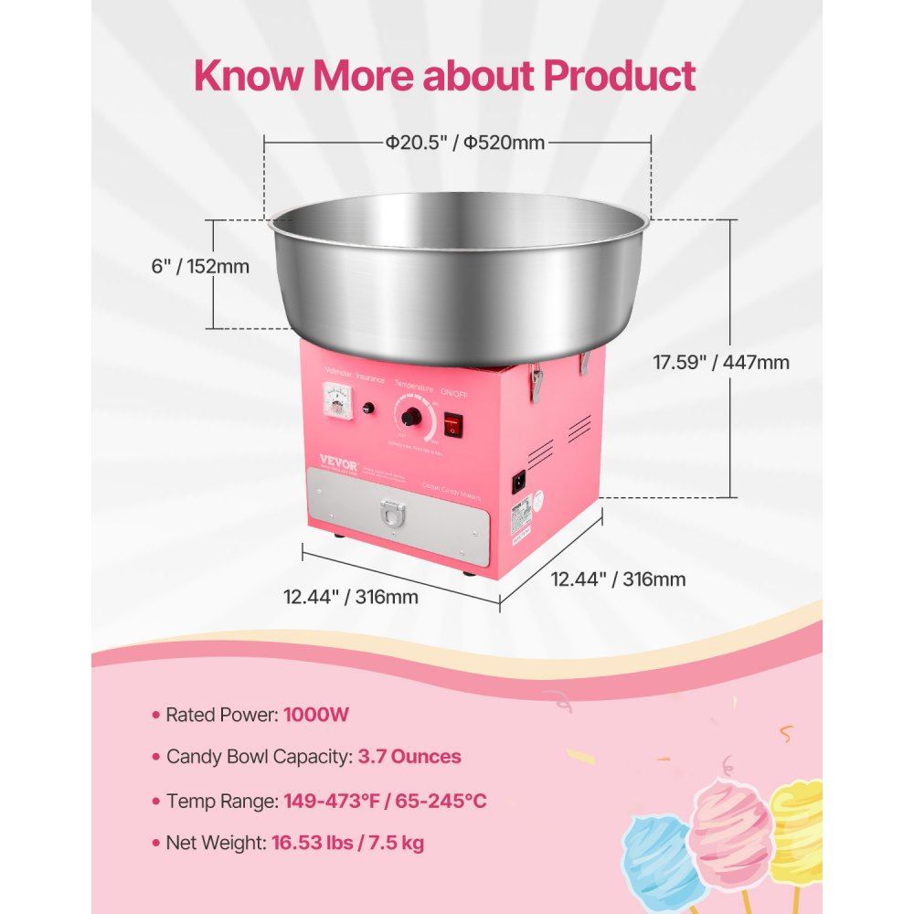 VEVOR Electric Cotton Candy Machine, 1000W Commercial Candy Floss Maker with 52cm Stainless Steel Bowl, Sugar Scoop, and Drawer, Easy Home Use, Perfect for Kids Birthday, Family Party, Pink