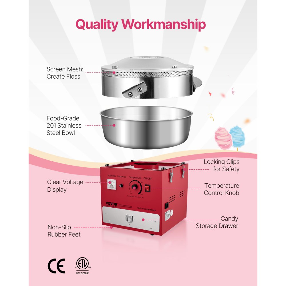 VEVOR Electric Cotton Candy Machine, 1000W Commercial Candy Floss Maker with 52cm in Stainless Steel Bowl, Sugar Scoop, and Drawer, Easy Home Use, Perfect for Kids Birthday, Family Party, Red