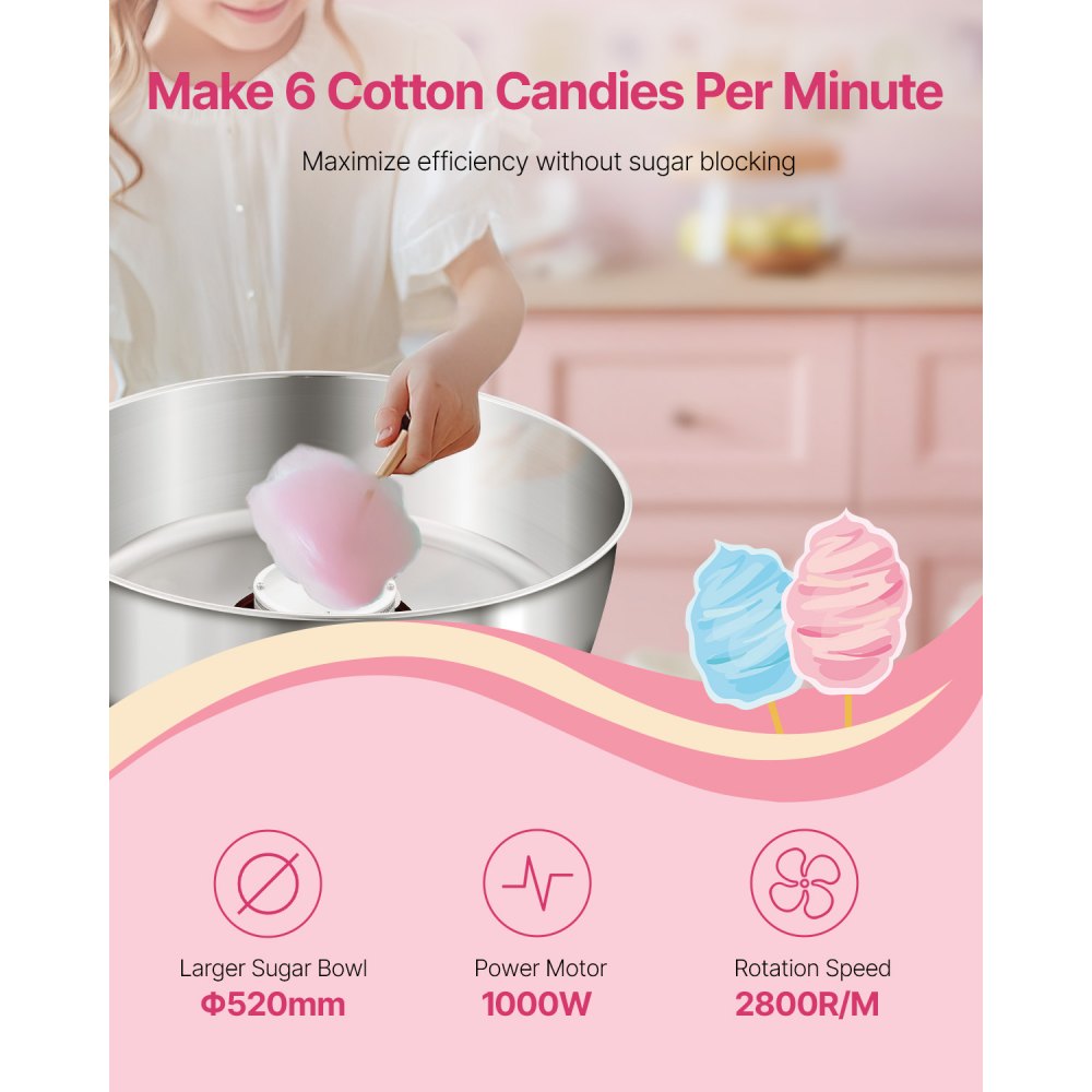 VEVOR Electric Cotton Candy Machine, 1000W Commercial Candy Floss Maker with 52cm in Stainless Steel Bowl, Sugar Scoop, and Drawer, Easy Home Use, Perfect for Kids Birthday, Family Party, Red