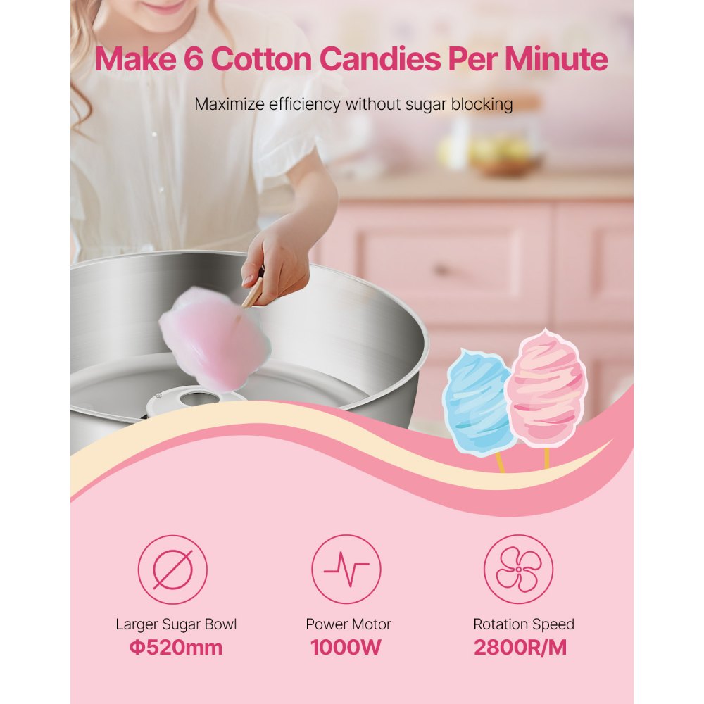 VEVOR Electric Cotton Candy Machine, 1000W Commercial Candy Floss Maker with 52cm in Stainless Steel Bowl, Sugar Scoop, and Drawer, Easy Home Use, Perfect for Kids Birthday, Family Party, Blue