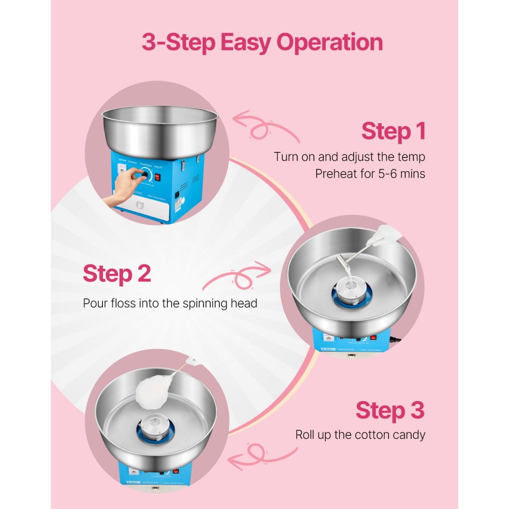 VEVOR Electric Cotton Candy Machine, 1000W Commercial Candy Floss Maker with 52cm in Stainless Steel Bowl, Sugar Scoop, and Drawer, Easy Home Use, Perfect for Kids Birthday, Family Party, Blue