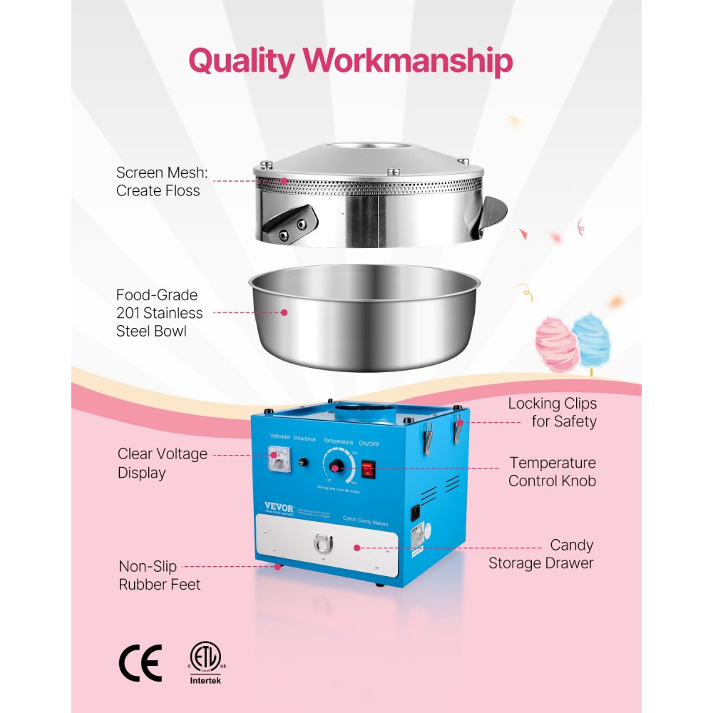 VEVOR Electric Cotton Candy Machine, 1000W Commercial Candy Floss Maker with 52cm in Stainless Steel Bowl, Sugar Scoop, and Drawer, Easy Home Use, Perfect for Kids Birthday, Family Party, Blue