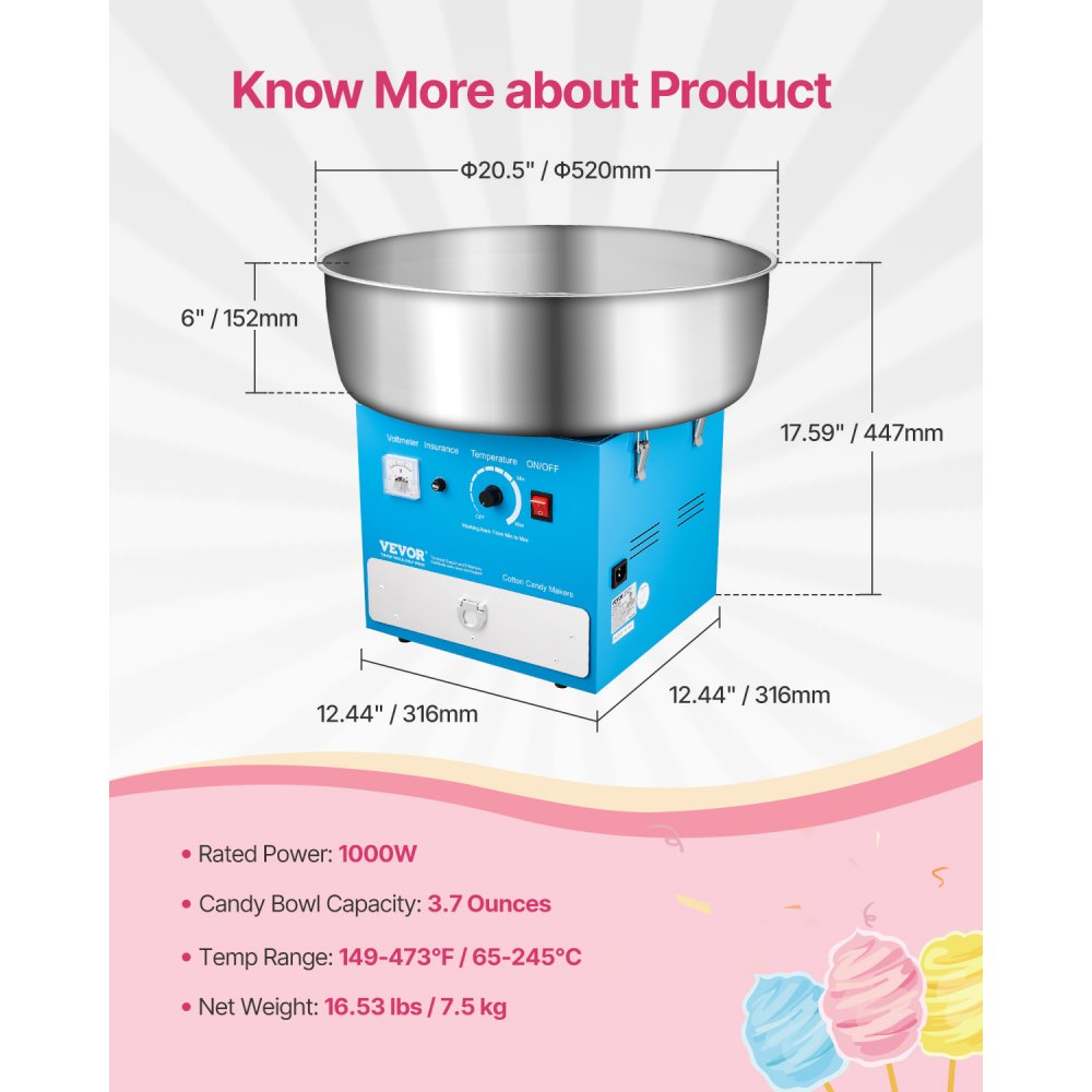 VEVOR Electric Cotton Candy Machine, 1000W Commercial Candy Floss Maker with 52cm in Stainless Steel Bowl, Sugar Scoop, and Drawer, Easy Home Use, Perfect for Kids Birthday, Family Party, Blue