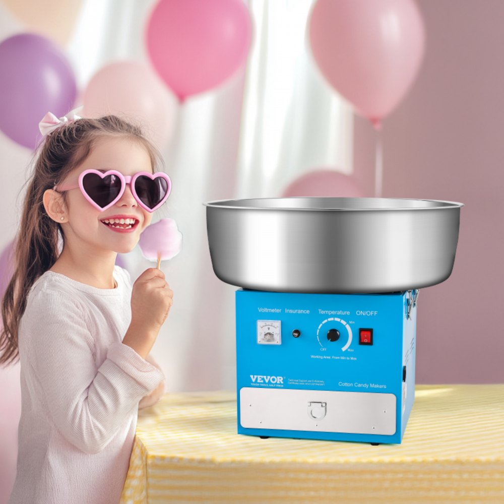 VEVOR Electric Cotton Candy Machine, 1000W Commercial Candy Floss Maker with 52cm in Stainless Steel Bowl, Sugar Scoop, and Drawer, Easy Home Use, Perfect for Kids Birthday, Family Party, Blue