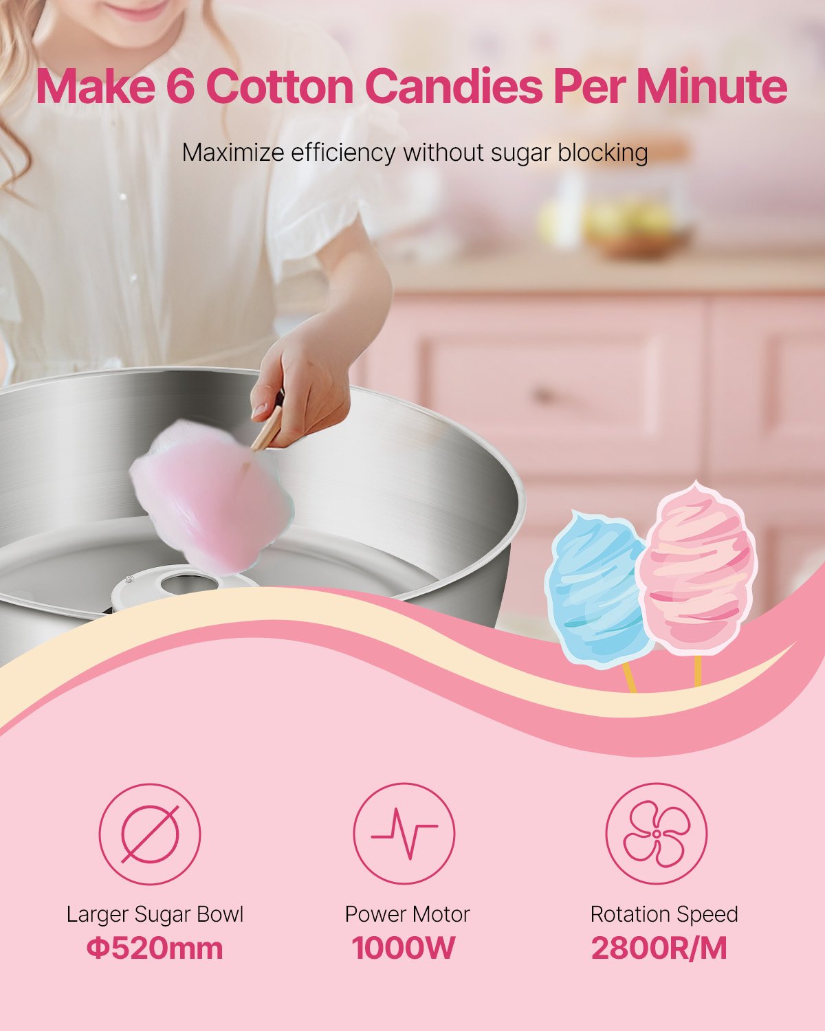 VEVOR Electric Cotton Candy Machine, 1000W Commercial Candy Floss Maker with 52cm in Stainless Steel Bowl, Sugar Scoop, and Drawer, Easy Home Use, Perfect for Kids Birthday, Family Party, Blue