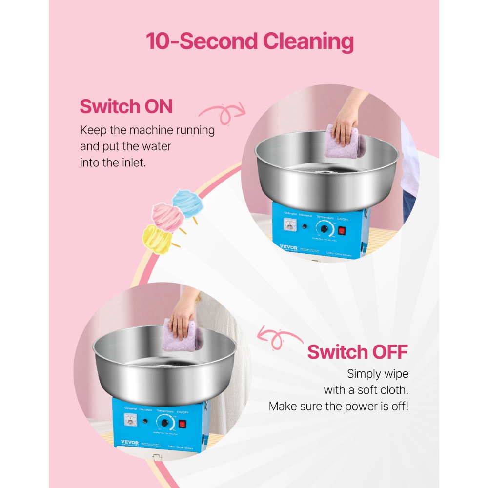 VEVOR Electric Cotton Candy Machine, 1000W Commercial Candy Floss Maker with 52cm in Stainless Steel Bowl, Sugar Scoop, and Drawer, Easy Home Use, Perfect for Kids Birthday, Family Party, Blue