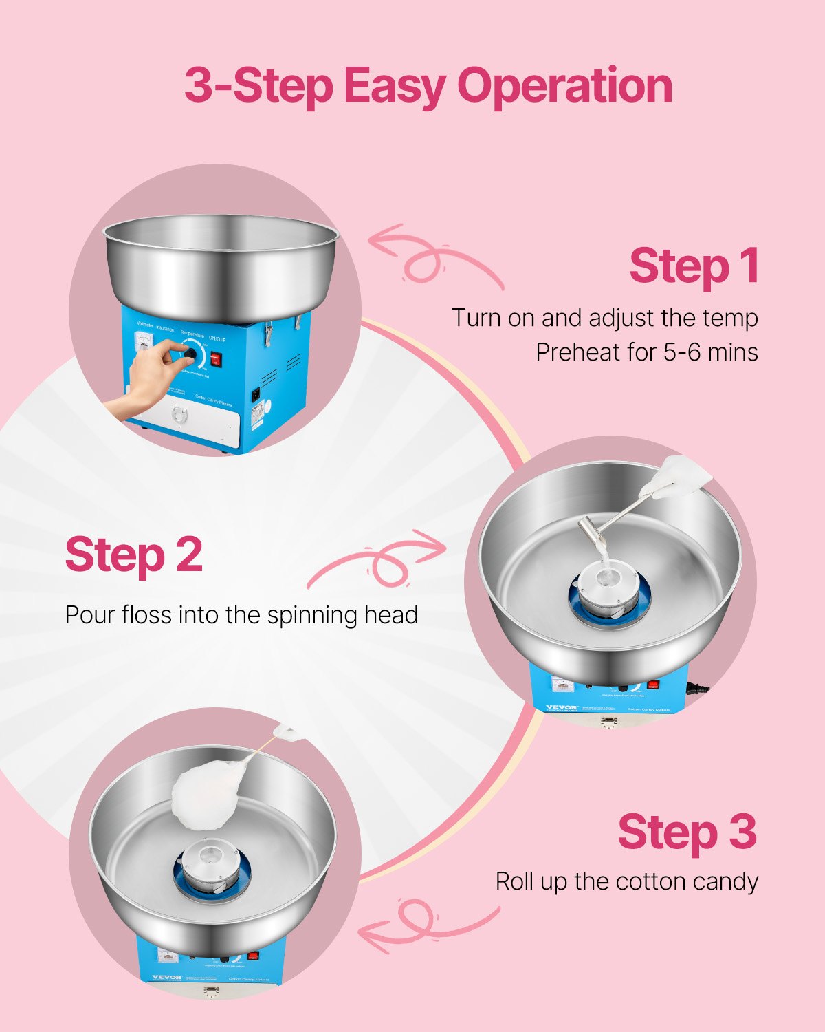 VEVOR Electric Cotton Candy Machine, 1000W Commercial Candy Floss Maker with 52cm in Stainless Steel Bowl, Sugar Scoop, and Drawer, Easy Home Use, Perfect for Kids Birthday, Family Party, Blue