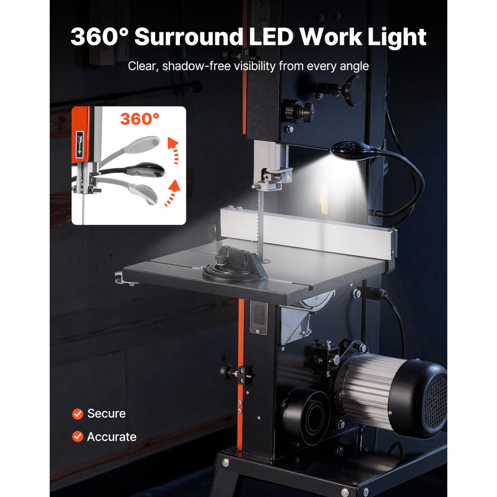 VEVOR Band Saw with Stand, 254 mm, Two-Speed Benchtop Bandsaw, 373W 1/2 HP, 160 mm Max Cutting Height, 335 x 340 mm Cast Iron Table, with 360° Work Light, Miter Gauge, Fence, Band Saw for Woodworking
