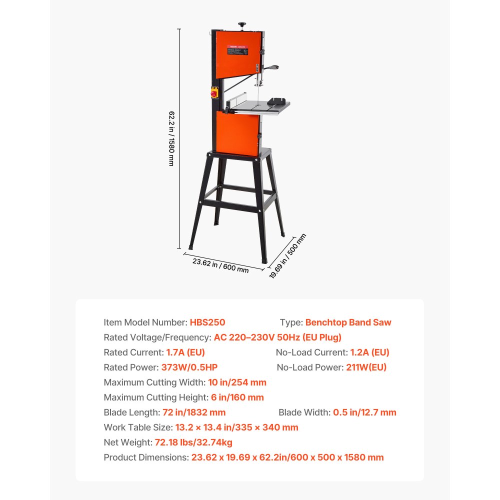 VEVOR Band Saw with Stand, 254 mm, Two-Speed Benchtop Bandsaw, 373W 1/2 HP, 160 mm Max Cutting Height, 335 x 340 mm Cast Iron Table, with 360° Work Light, Miter Gauge, Fence, Band Saw for Woodworking