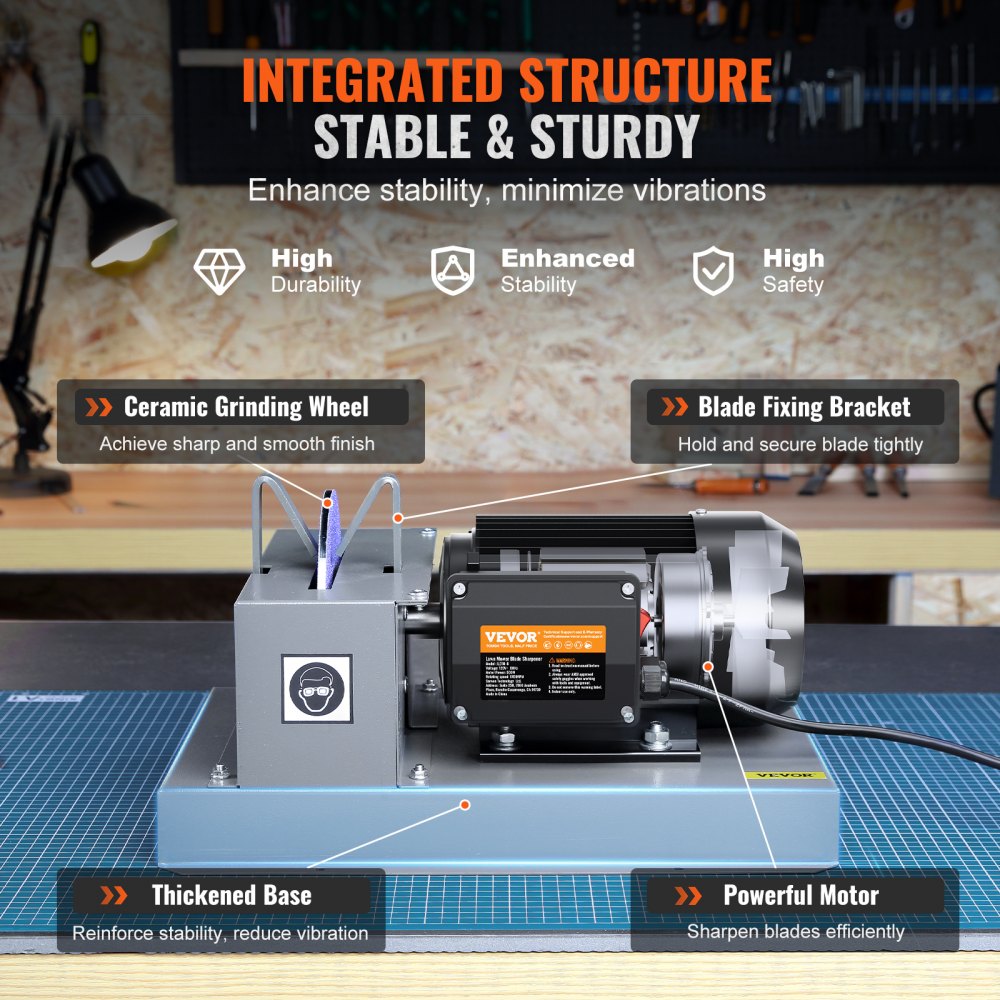 VEVOR Lawn Mower Blade Sharpener, 2/3HP 500W Lawnmower Blade Grinder with 7-inch Ceramic Grinding Wheel, Powerful Bench Mower Sharpening Machine for High/Low Lift Blades, Gator Blades, Flat Blades