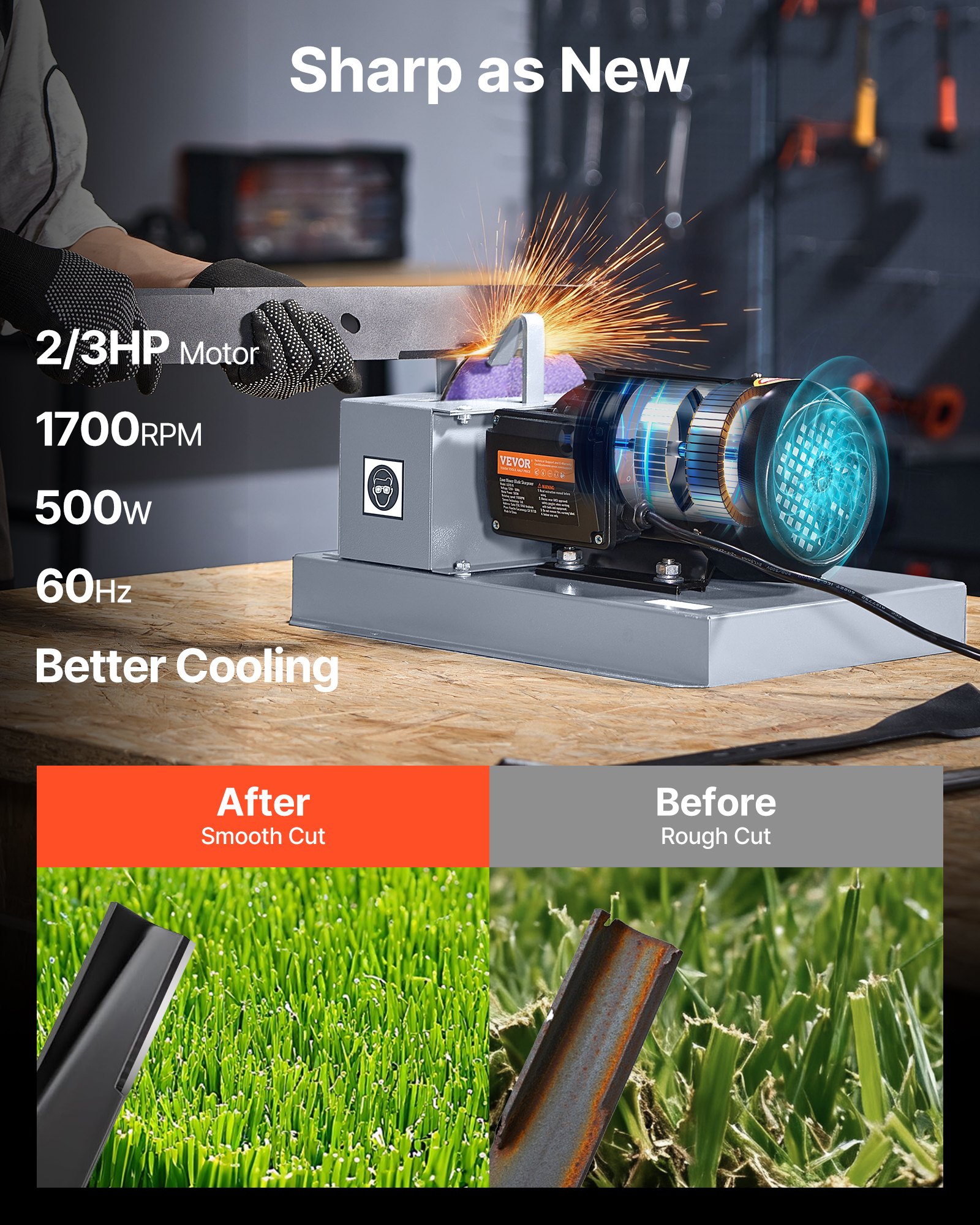 VEVOR Lawn Mower Blade Sharpener, 1HP 750W Lawnmower Blade Grinder with 9-inch Ceramic Grinding Wheel, Powerful Bench Mower Sharpening Machine for High/Low Lift Blades, Gator Blades, Flat Blades