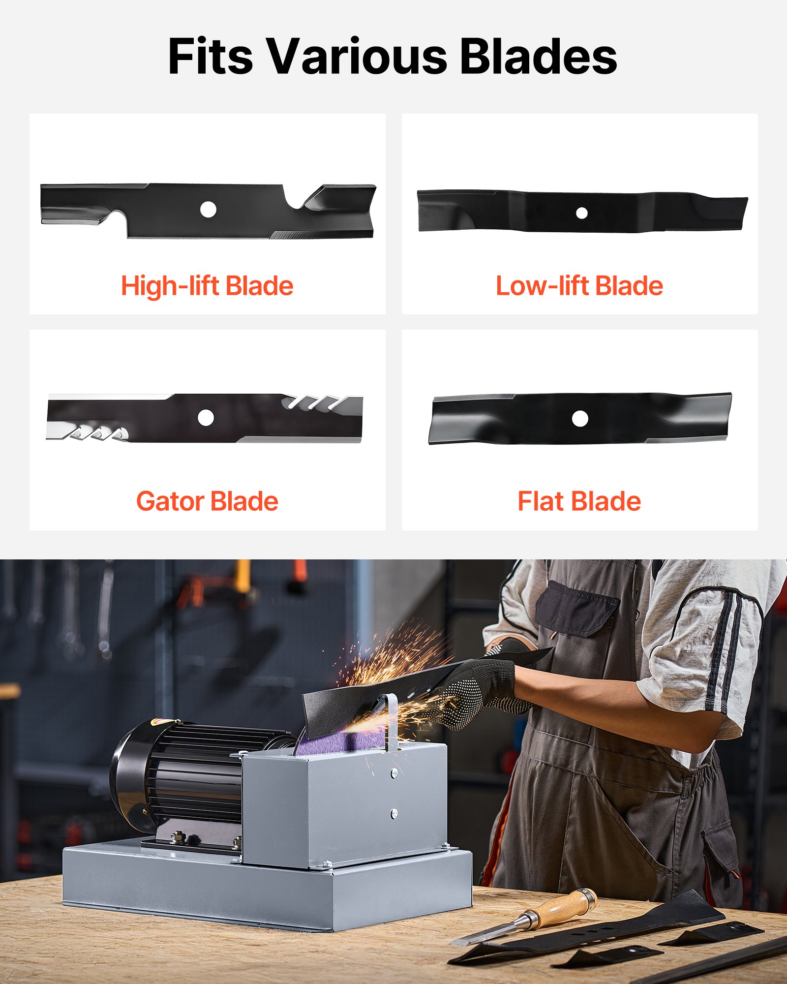 VEVOR Lawn Mower Blade Sharpener, 1HP 750W Lawnmower Blade Grinder with 9-inch Ceramic Grinding Wheel, Powerful Bench Mower Sharpening Machine for High/Low Lift Blades, Gator Blades, Flat Blades