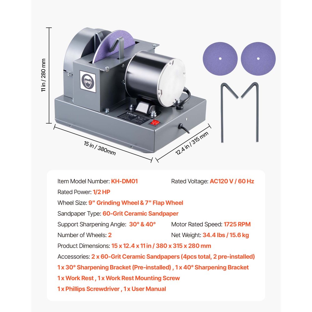 VEVOR Lawn Mower Blade Sharpener, 1/2HP Lawnmower Blades Grinder with 7" Flap Wheel & 9" Ceramic Grinding Wheel, 30° or 40° Blade Sharpening Machine for High Lift, Low Lift, Gator & Flat Blades