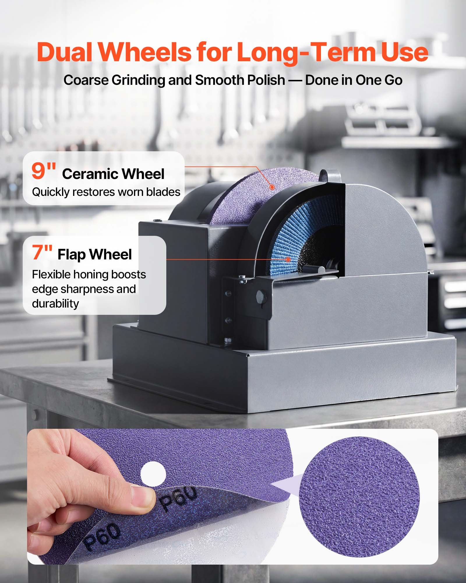 VEVOR Lawn Mower Blade Sharpener, 1/2HP Lawnmower Blades Grinder with 7" Flap Wheel & 9" Ceramic Grinding Wheel, 30° or 40° Blade Sharpening Machine for High Lift, Low Lift, Gator & Flat Blades
