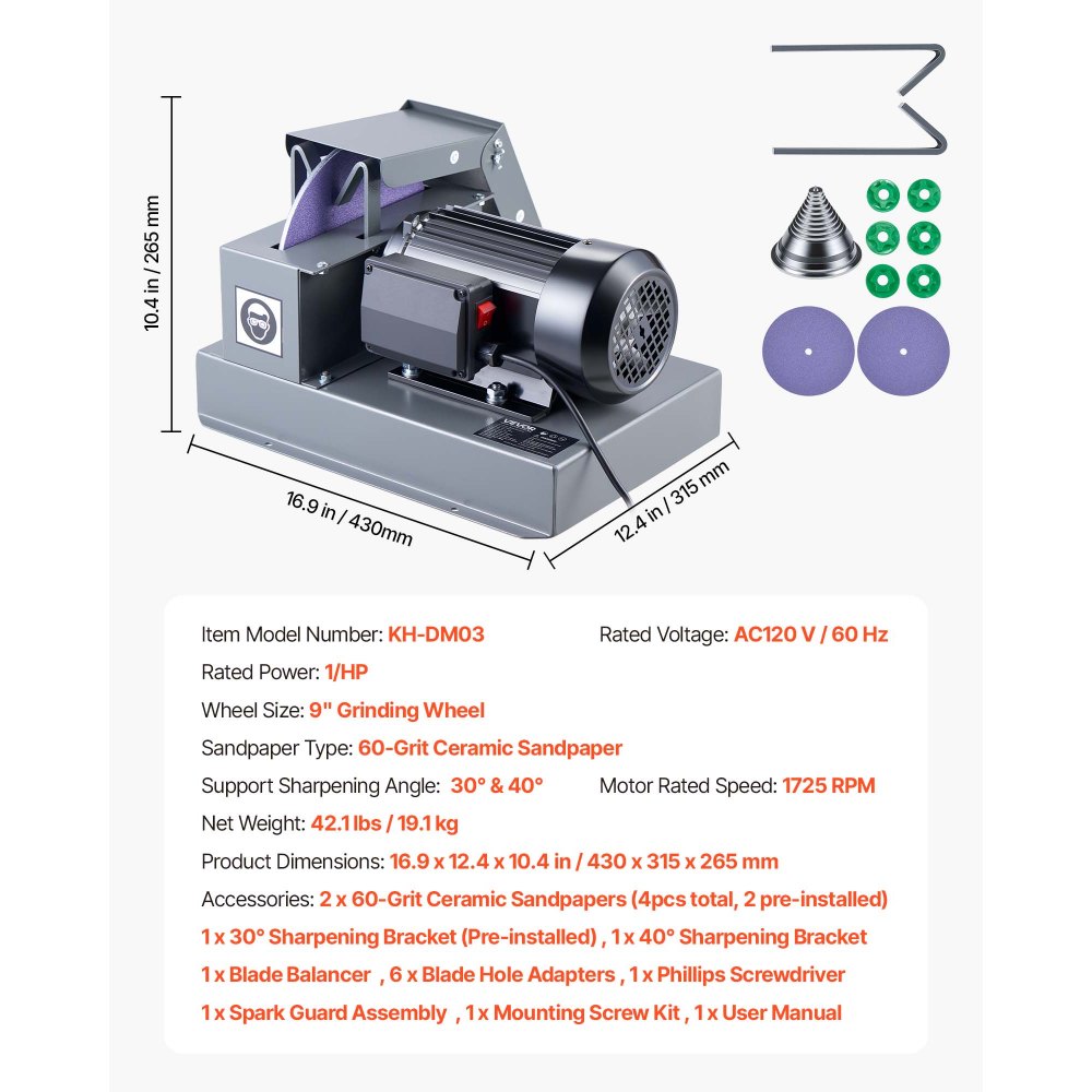 VEVOR Lawn Mower Blade Sharpener, 1HP Lawnmower Blades Grinder with 9" Ceramic Grinding Wheel, Grit Collector & Balancer, 30°/40° Blade Sharpening Machine for High Lift, Low Lift, Gator & Flat Blades