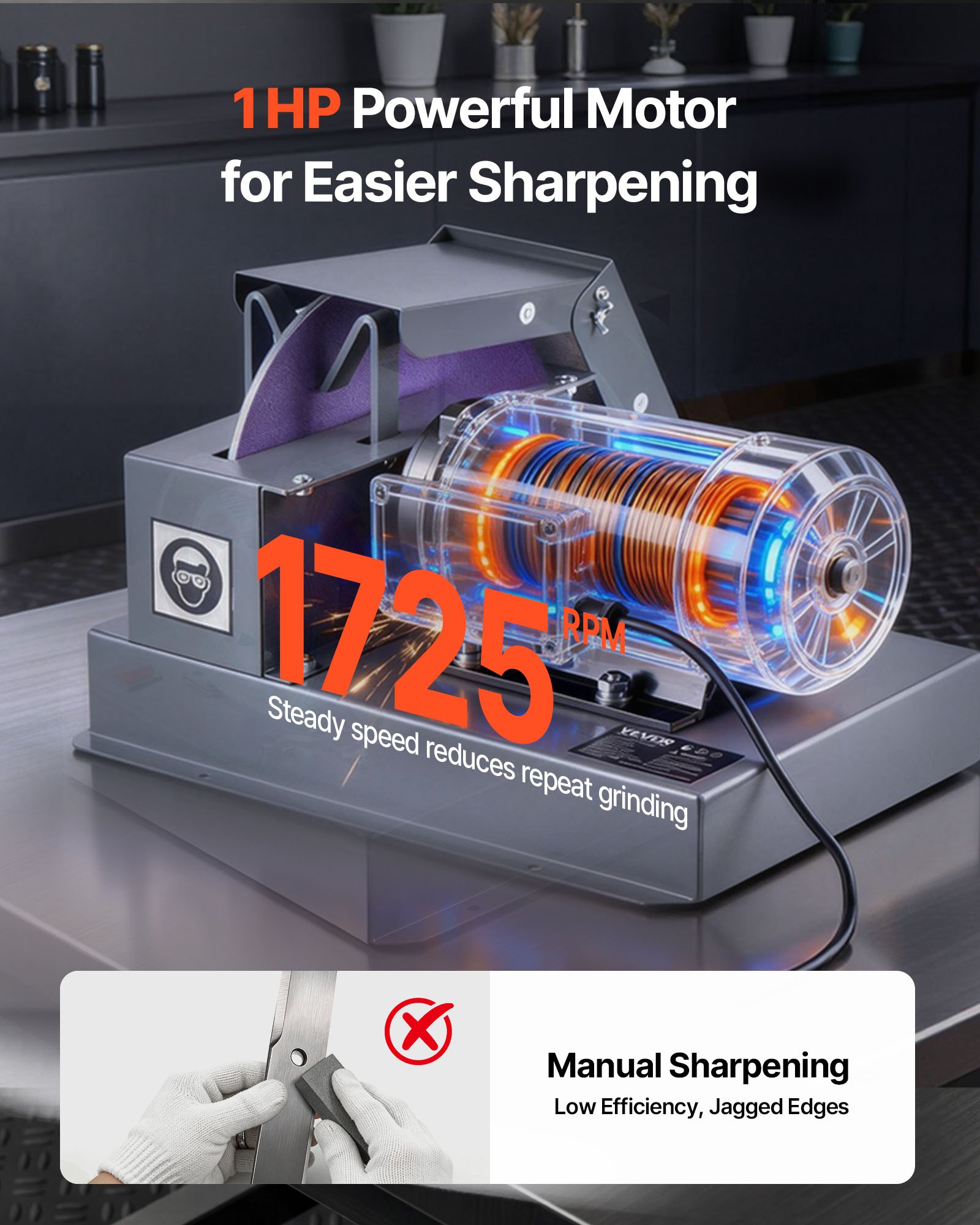 VEVOR Lawn Mower Blade Sharpener, 1HP Lawnmower Blades Grinder with 9" Ceramic Grinding Wheel, Grit Collector & Balancer, 30°/40° Blade Sharpening Machine for High Lift, Low Lift, Gator & Flat Blades