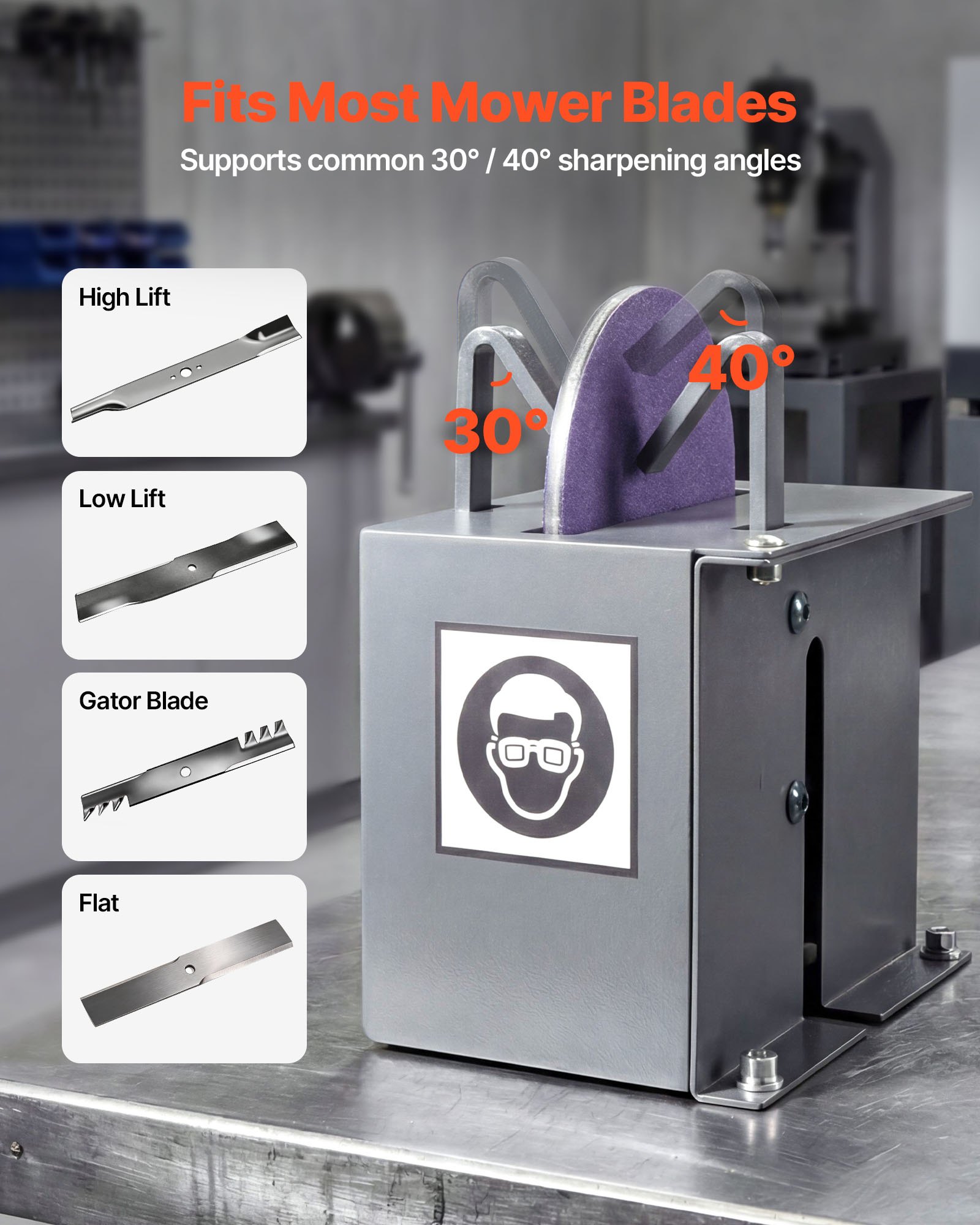 VEVOR Lawn Mower Blade Sharpener, 1HP Lawnmower Blades Grinder with 9" Ceramic Grinding Wheel, Grit Collector & Balancer, 30°/40° Blade Sharpening Machine for High Lift, Low Lift, Gator & Flat Blades