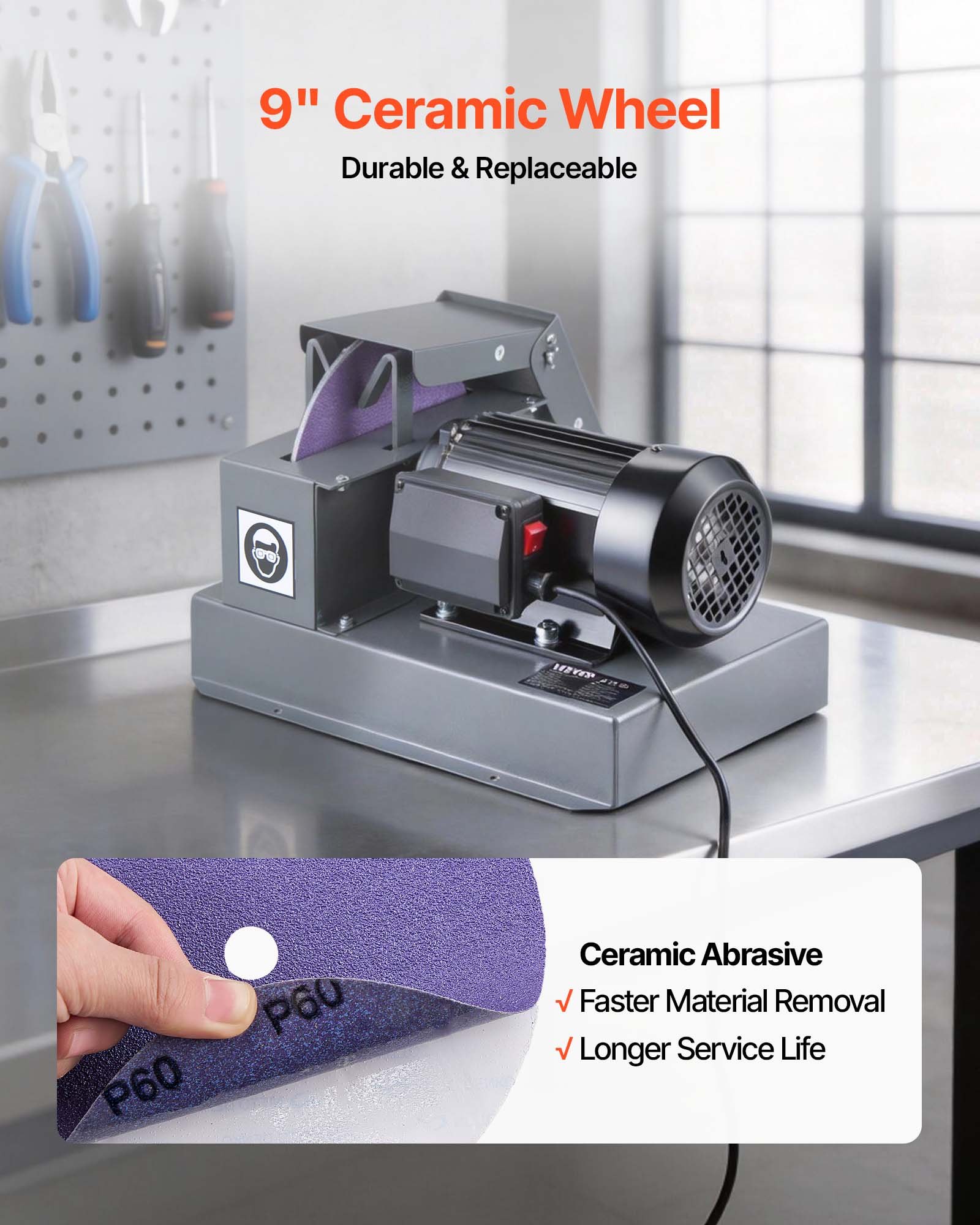 VEVOR Lawn Mower Blade Sharpener, 1HP Lawnmower Blades Grinder with 9" Ceramic Grinding Wheel, Grit Collector & Balancer, 30°/40° Blade Sharpening Machine for High Lift, Low Lift, Gator & Flat Blades