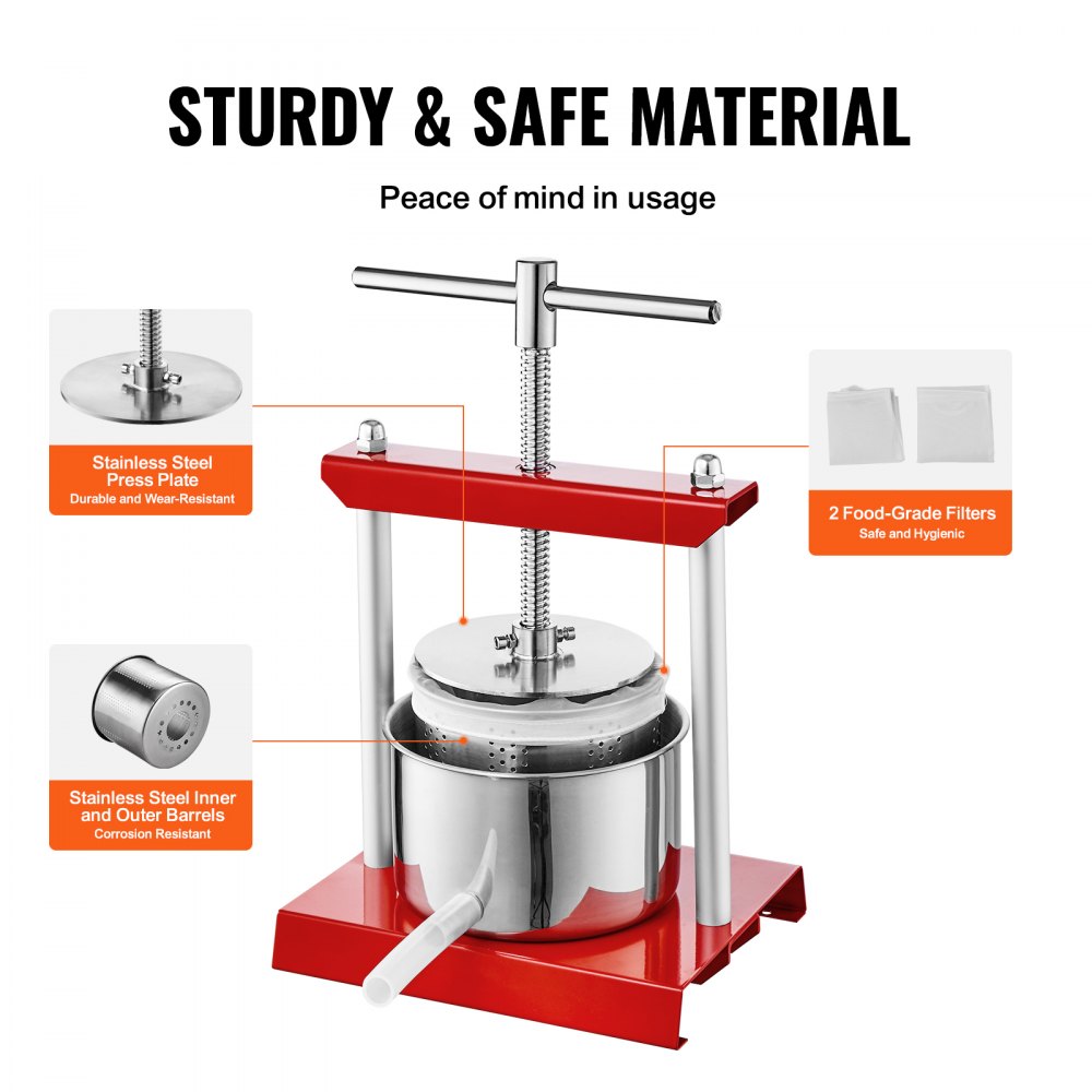 VEVOR Fruit Wine Press, 0.88 Gallon/3.36L, 2 Stainless Steel Barrels, Manual Juice Maker, Cider Apple Grape Tincture Vegetables Honey Olive Oil Making Press with T-Handle for Outdoor, Kitchen and Home