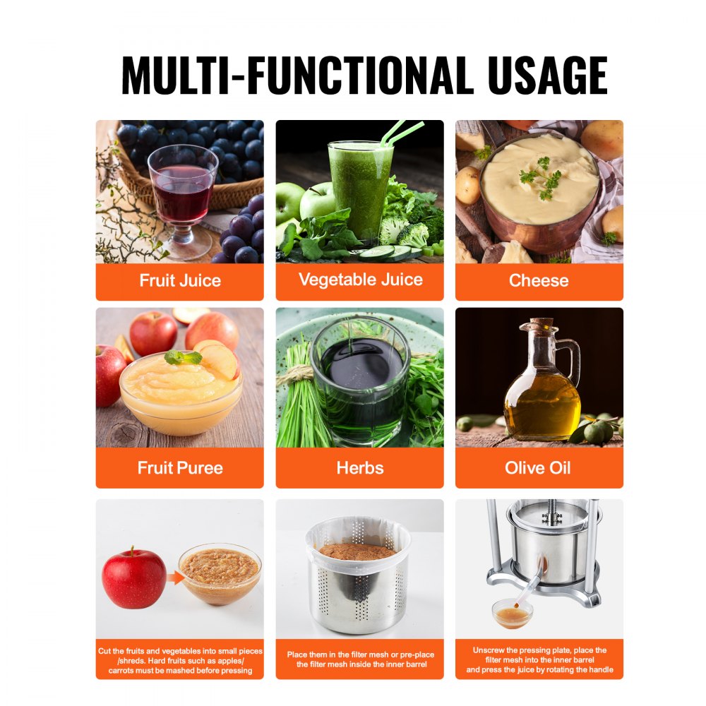 multi-functional VEVOR fruit wine press for fruit juice, vegetable juice, cheese, puree, herbs, and oil.
