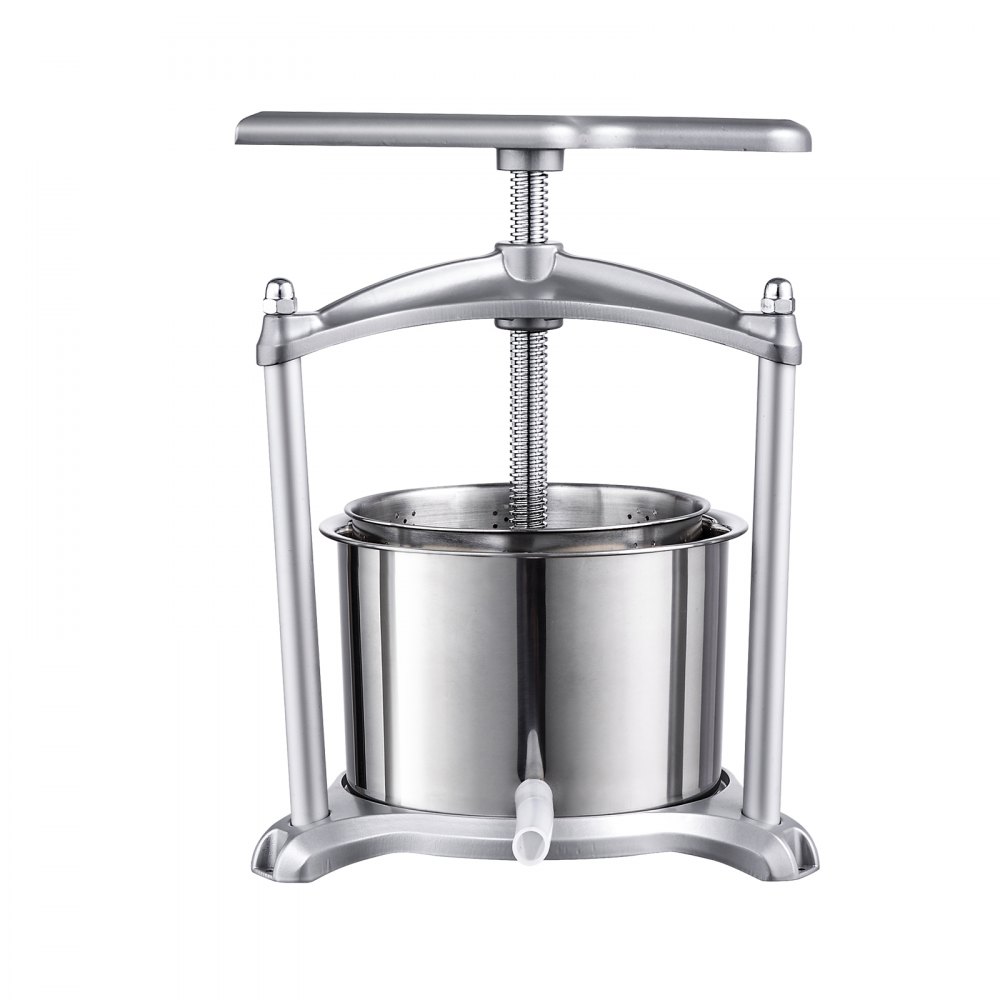 VEVOR fruit wine press with stainless steel body and hand crank for home winemaking.