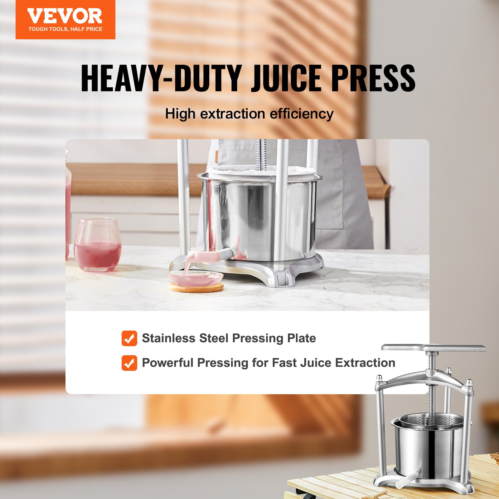 VEVOR fruit wine press on a kitchen counter, stainless steel construction, high extraction efficiency.