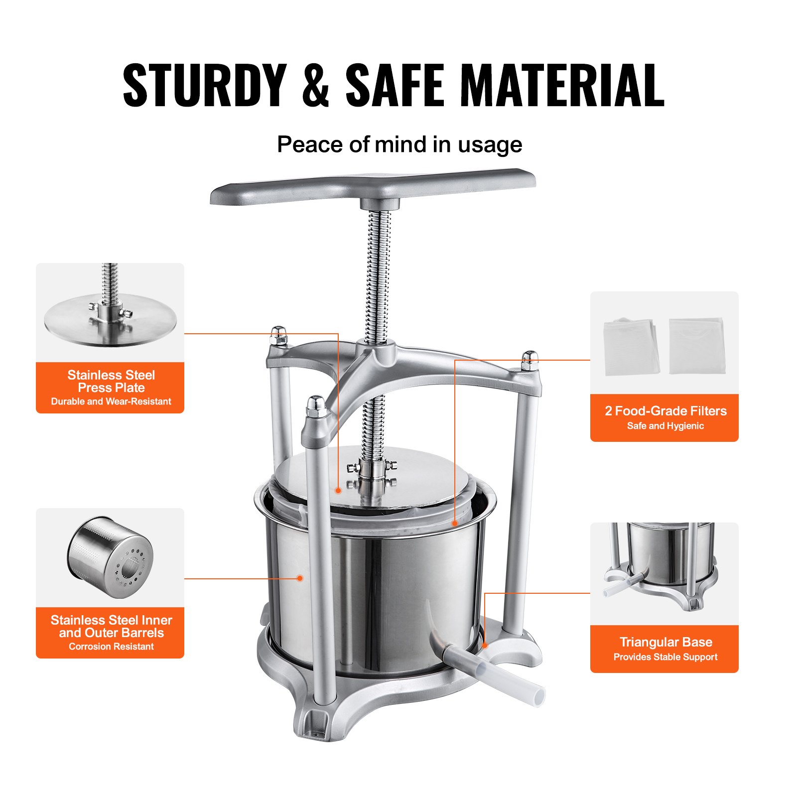 VEVOR fruit wine press with stainless steel press plate, food-grade filters, and triangular base for stability.
