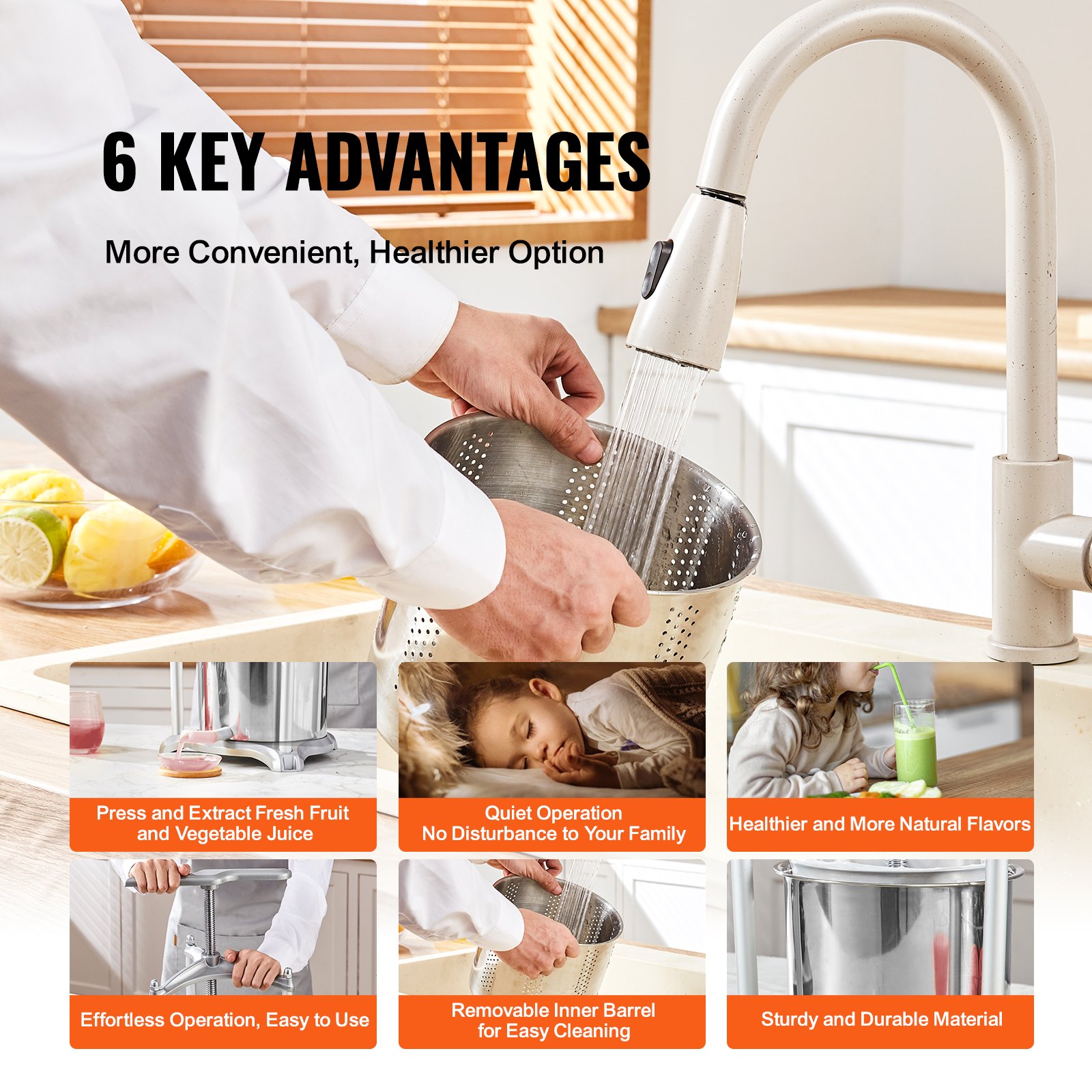 VEVOR fruit wine press demonstrating 6 key advantages: effortless use, quiet operation, easy cleaning.