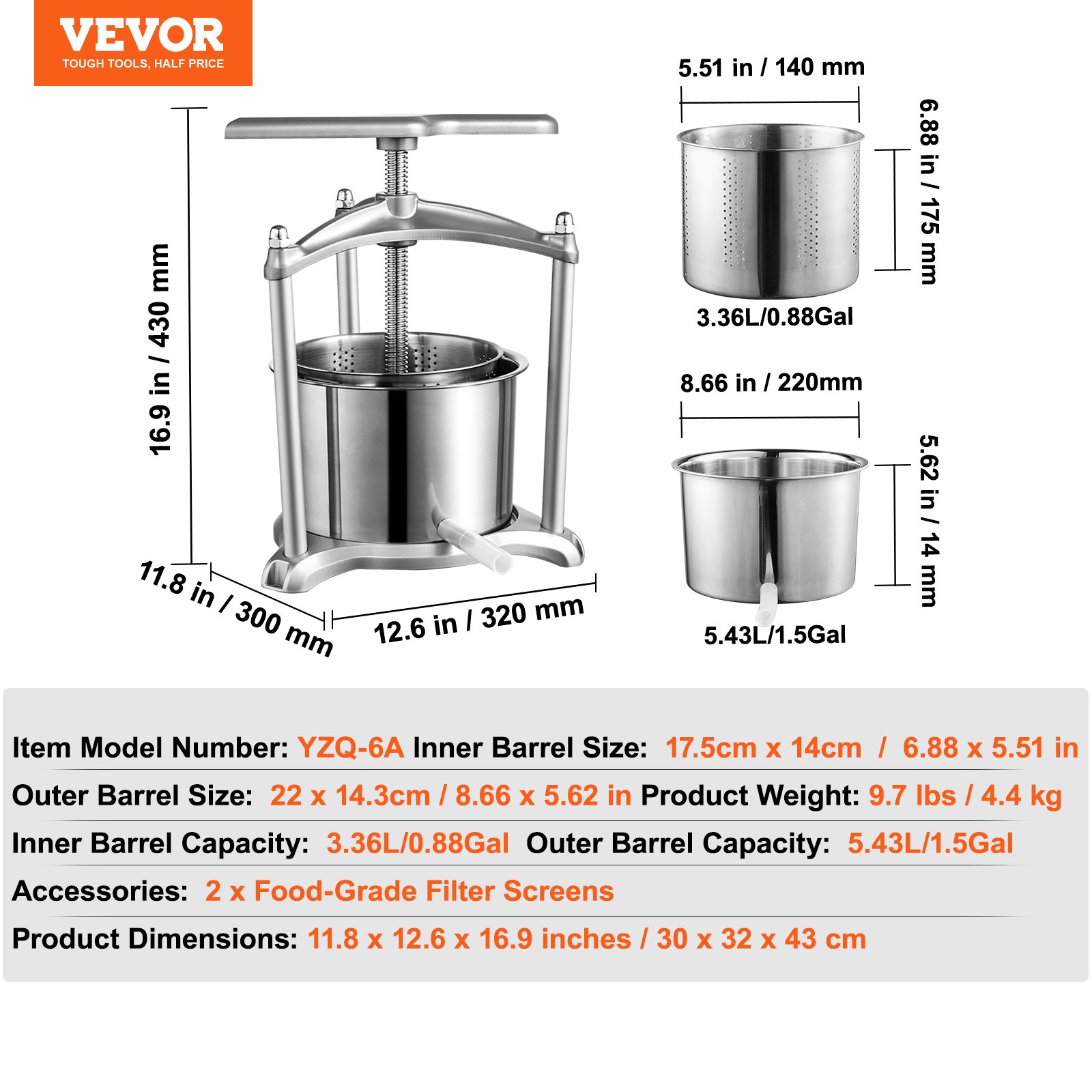 VEVOR fruit wine press with dimensions 11.8x12.6x16.9 in, inner barrel 3.36l, outer barrel 5.43l.
