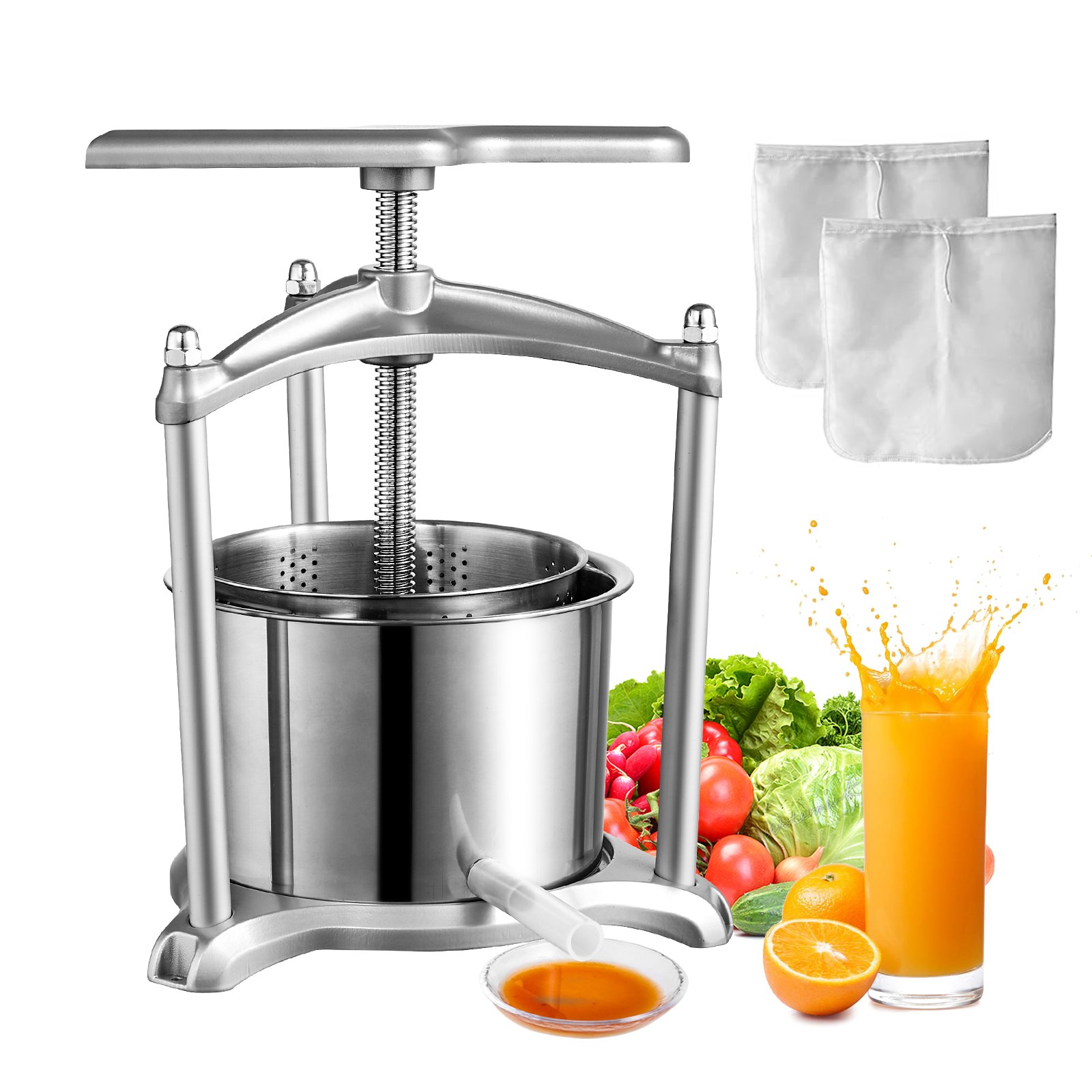 VEVOR fruit wine press with stainless steel body, juice splashing, fresh vegetables, and included filter bags.