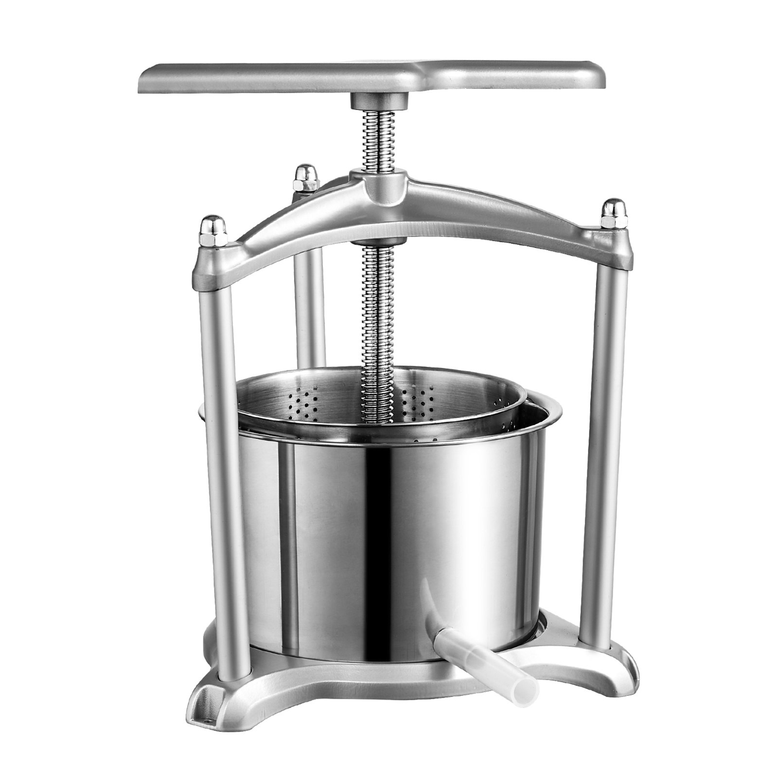 VEVOR fruit wine press with stainless steel body and handle, featuring a central screw mechanism.