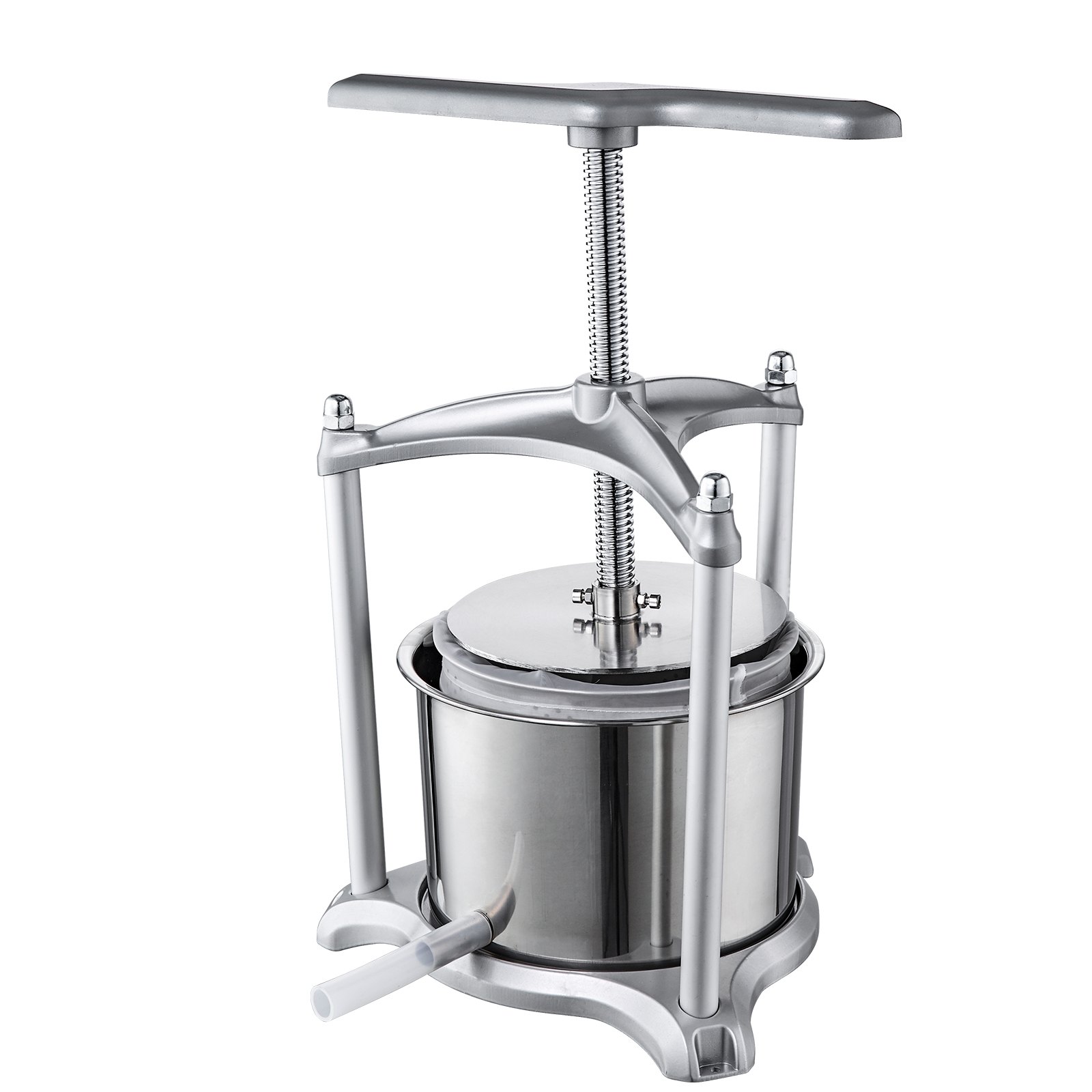 stainless steel VEVOR fruit wine press with t-handle and spout for efficient juice extraction.
