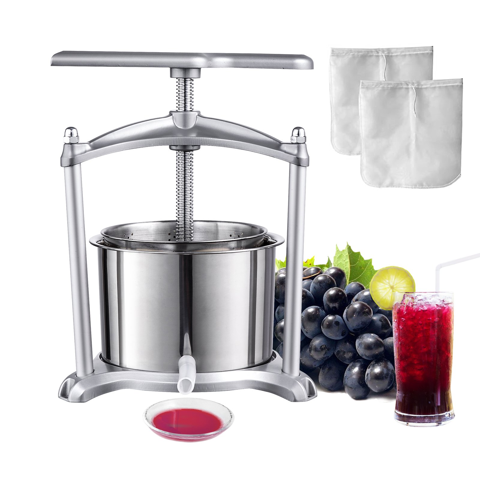 VEVOR fruit wine press with grapes, juice glass, and filter bags for home winemaking.