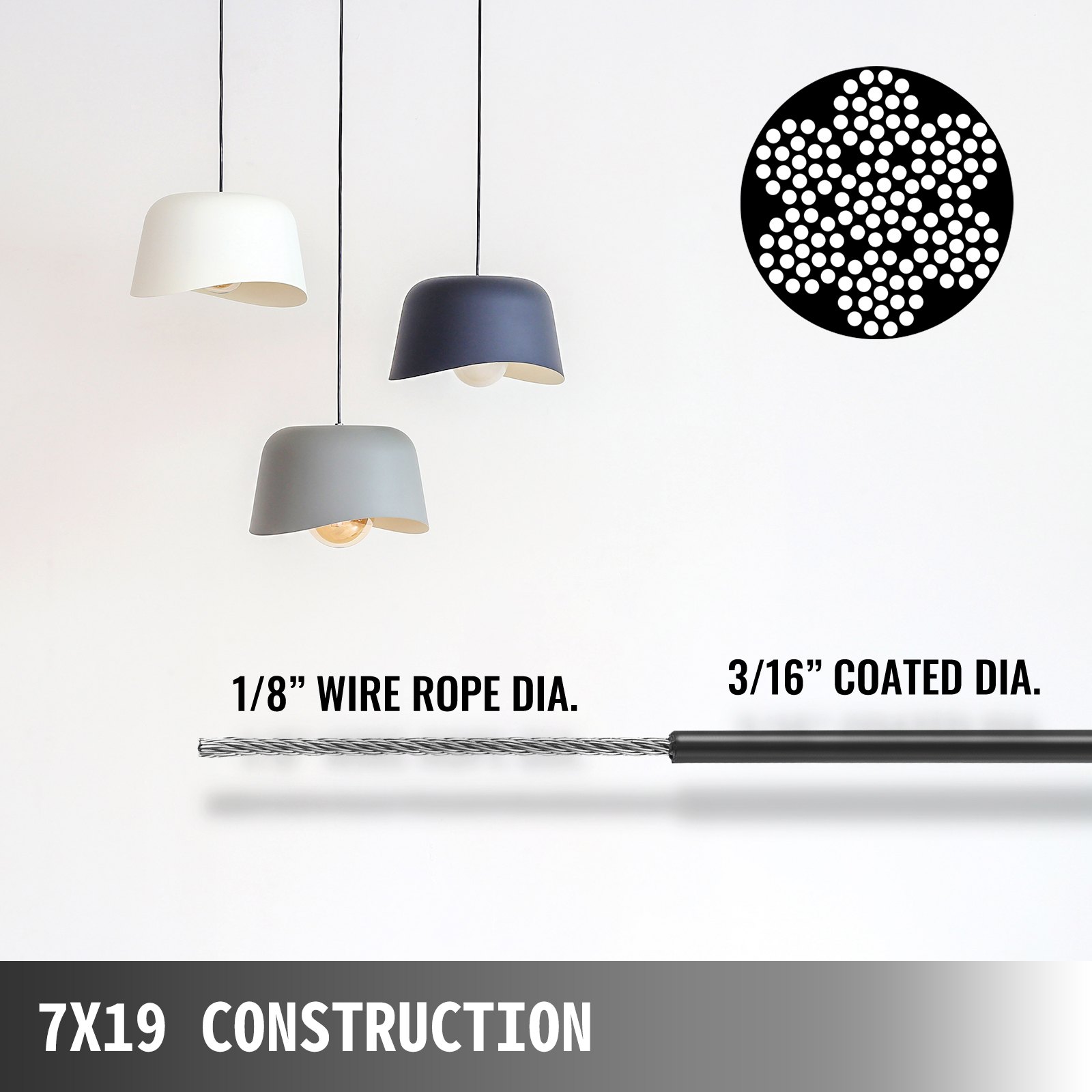 Vinyl Coated Stainless Steel 304 Cable Wire Rope 7x19, 100' Reel, 1/8" - 3/16"