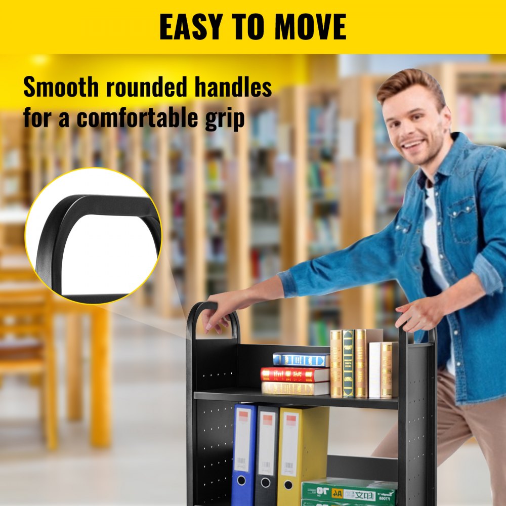 VEVOR Book Cart Library Cart 90 KG Single Sided L-Shaped Sloped Shelves in Black