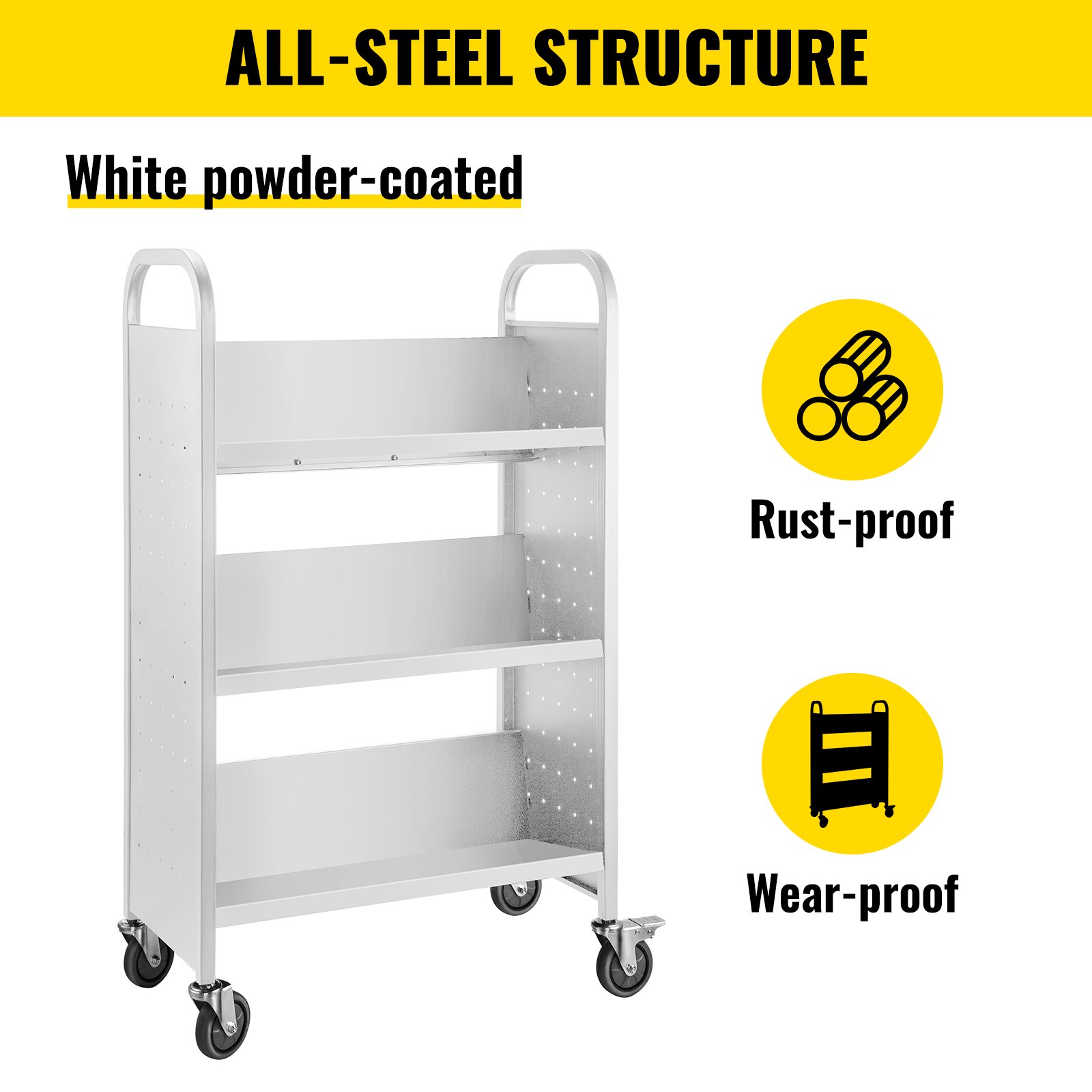 VEVOR Book Cart Library Cart 200 lbs Capacity with V-Shaped Shelves in White