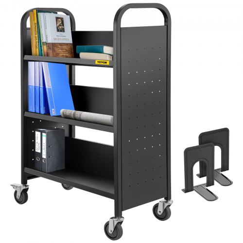 VEVOR Book Cart, 200LBS Library Cart, Single Sided V-Shaped 30x14x49 Inch Rolling Book Cart, Sloped Shelves with 4 Inch Lockable Wheels for Home Shelves Office and School Book Truck in Black