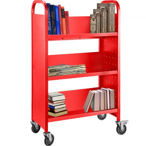 VEVOR Book Cart, 200LBS Library Cart, 49.2''x29.5''x13.8'' Rolling Book Cart, Single Sided V-Shaped Sloped Shelves with 4'' Lockable Wheels for Home Shelves Office School Book Truck, Red