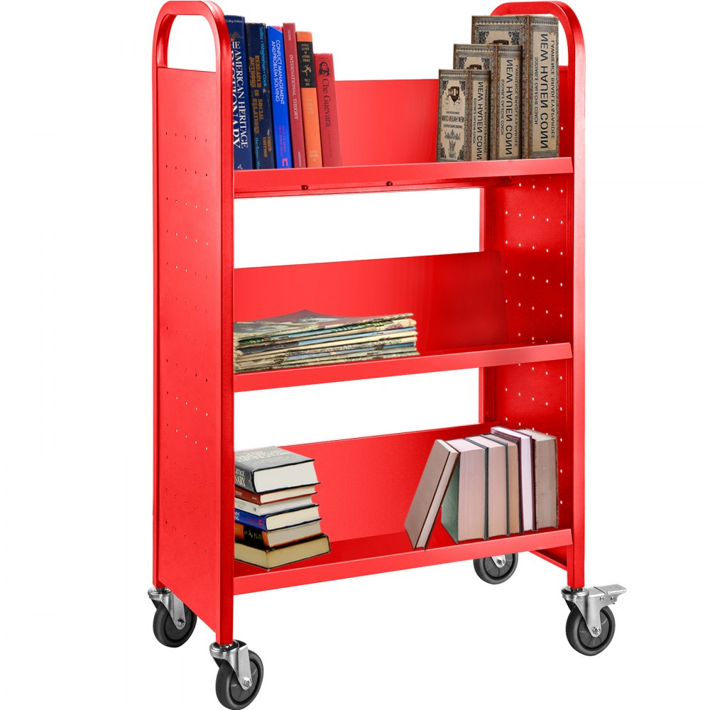 VEVOR Book Cart, 200LBS Library Cart, 49.2''x29.5''x13.8'' Rolling Book Cart, Single Sided V-Shaped Sloped Shelves with 4'' Lockable Wheels for Home Shelves Office School Book Truck, Red