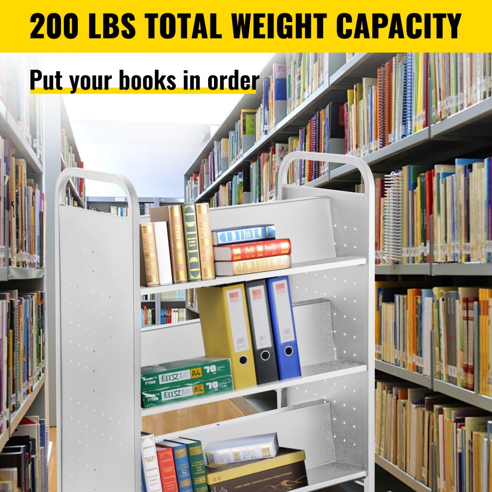 VEVOR book cart in a library, holds books and folders with a 200 lbs total weight capacity.