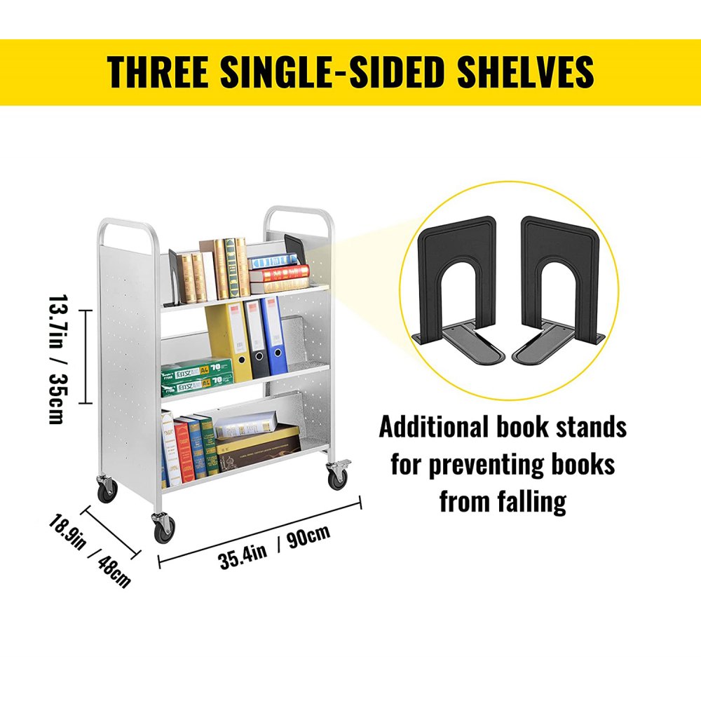 VEVOR book cart with three single-sided shelves and additional book stands.