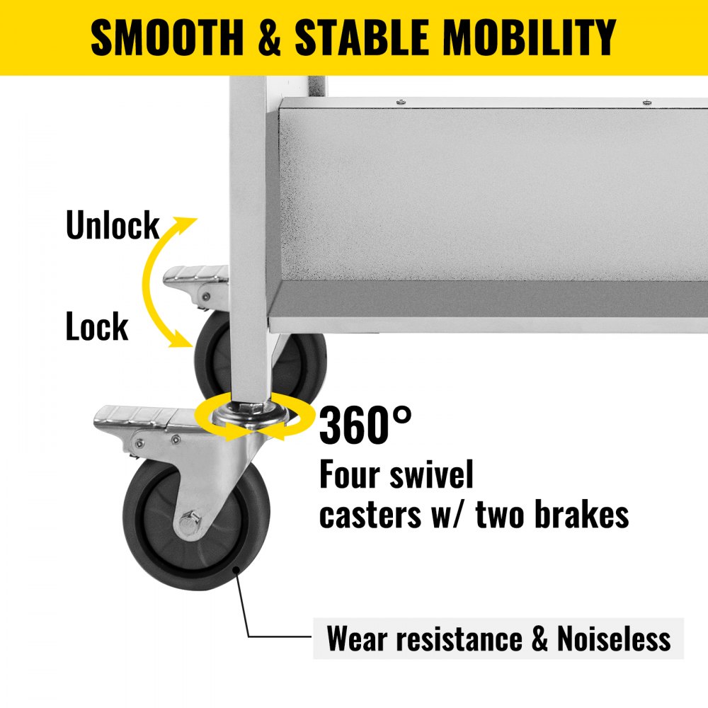 VEVOR book cart with 360° swivel casters, lockable brakes, and smooth mobility.