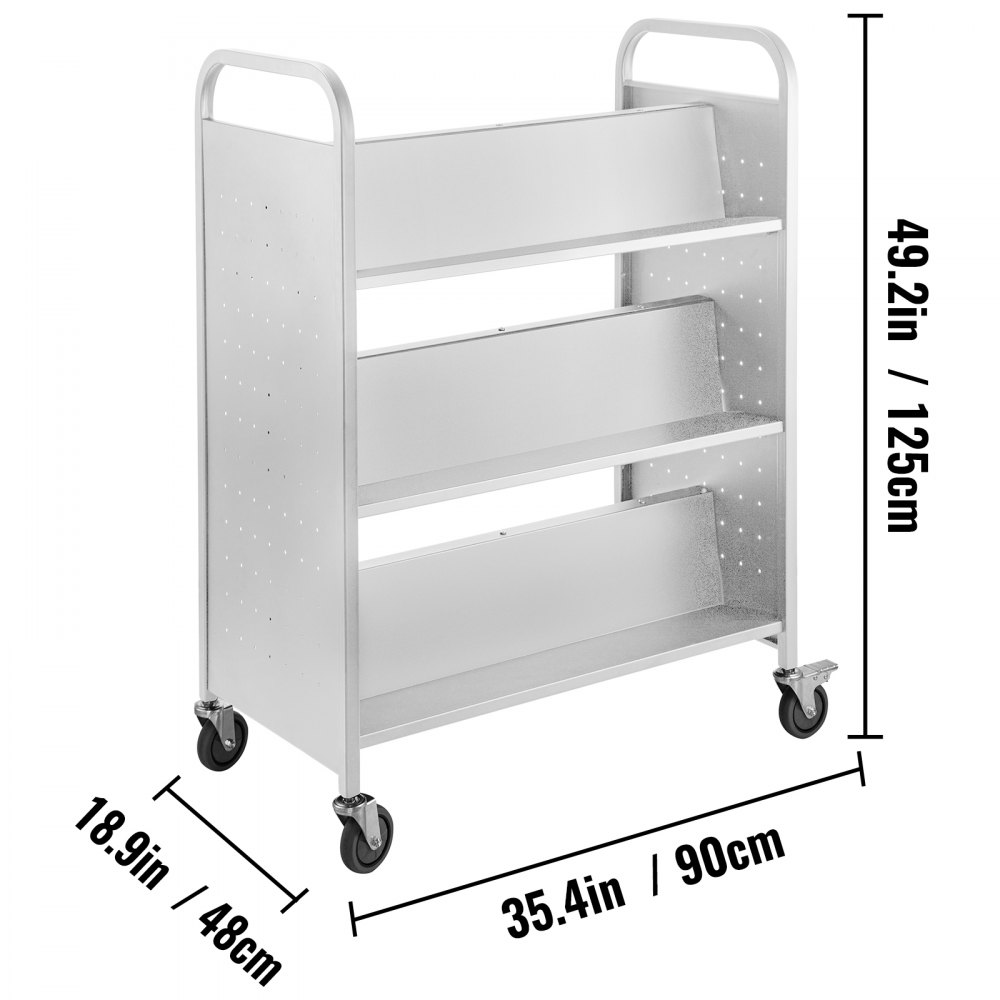 VEVOR book cart dimensions: 49.2in/125cm height, 35.4in/90cm width, 18.9in/48cm depth.
