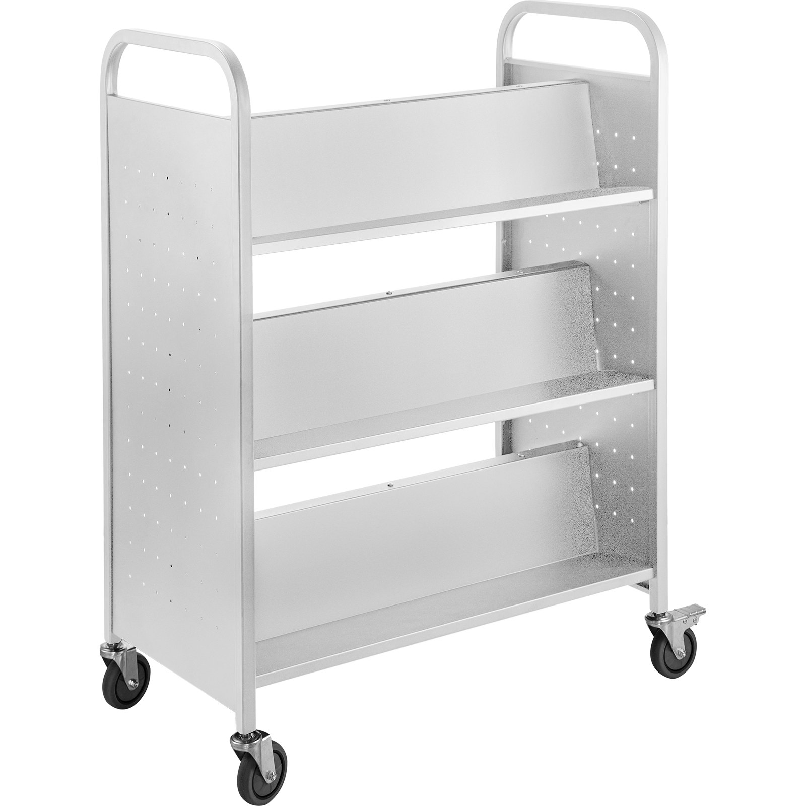 three-tier silver VEVOR book cart with wheels and perforated side panels.