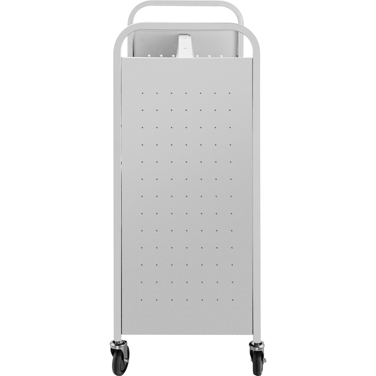gray VEVOR book cart with four wheels and perforated metal panel.
