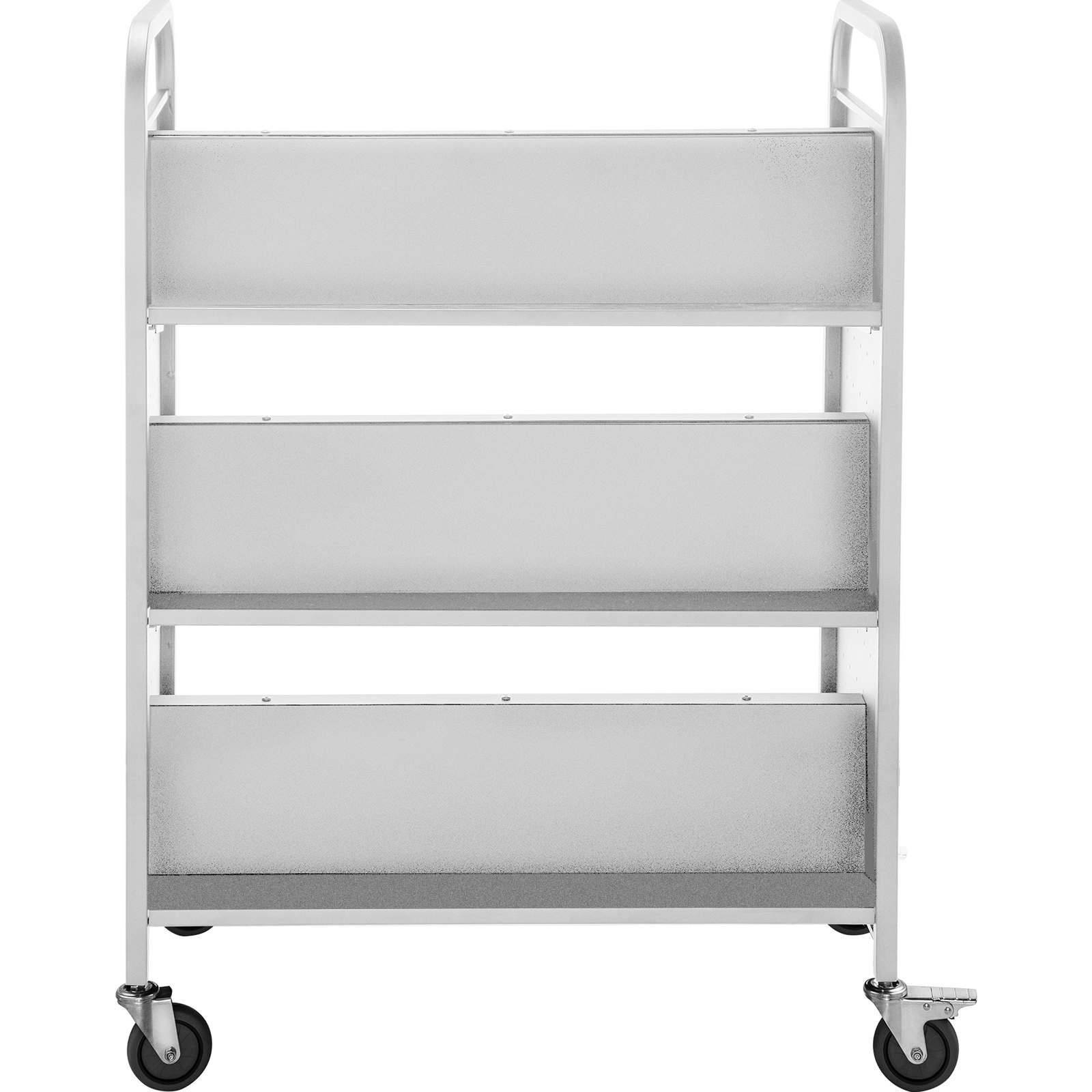 VEVOR book cart with three metal shelves and swivel casters for easy mobility.