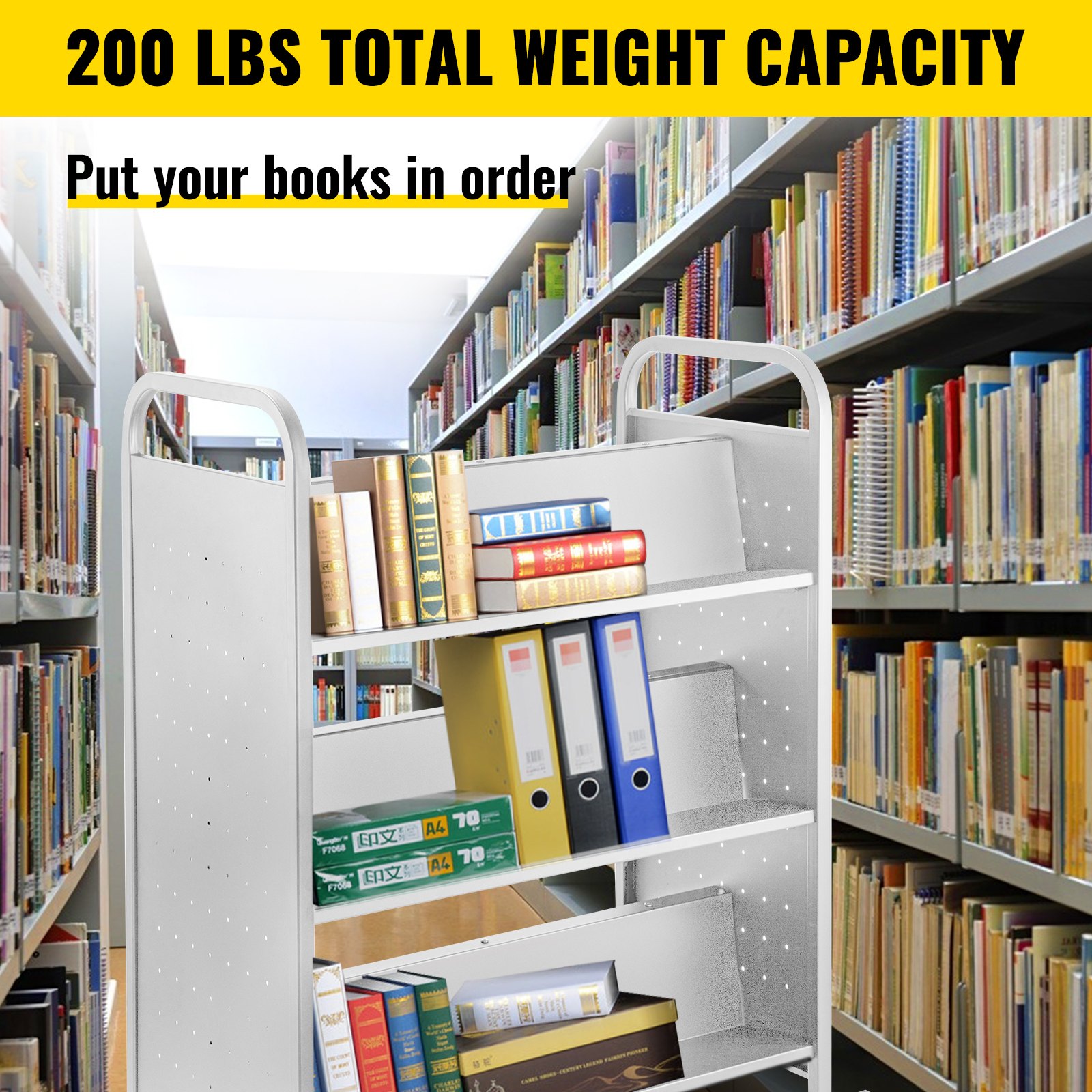 VEVOR book cart in a library, holds books and folders with a 200 lbs total weight capacity.