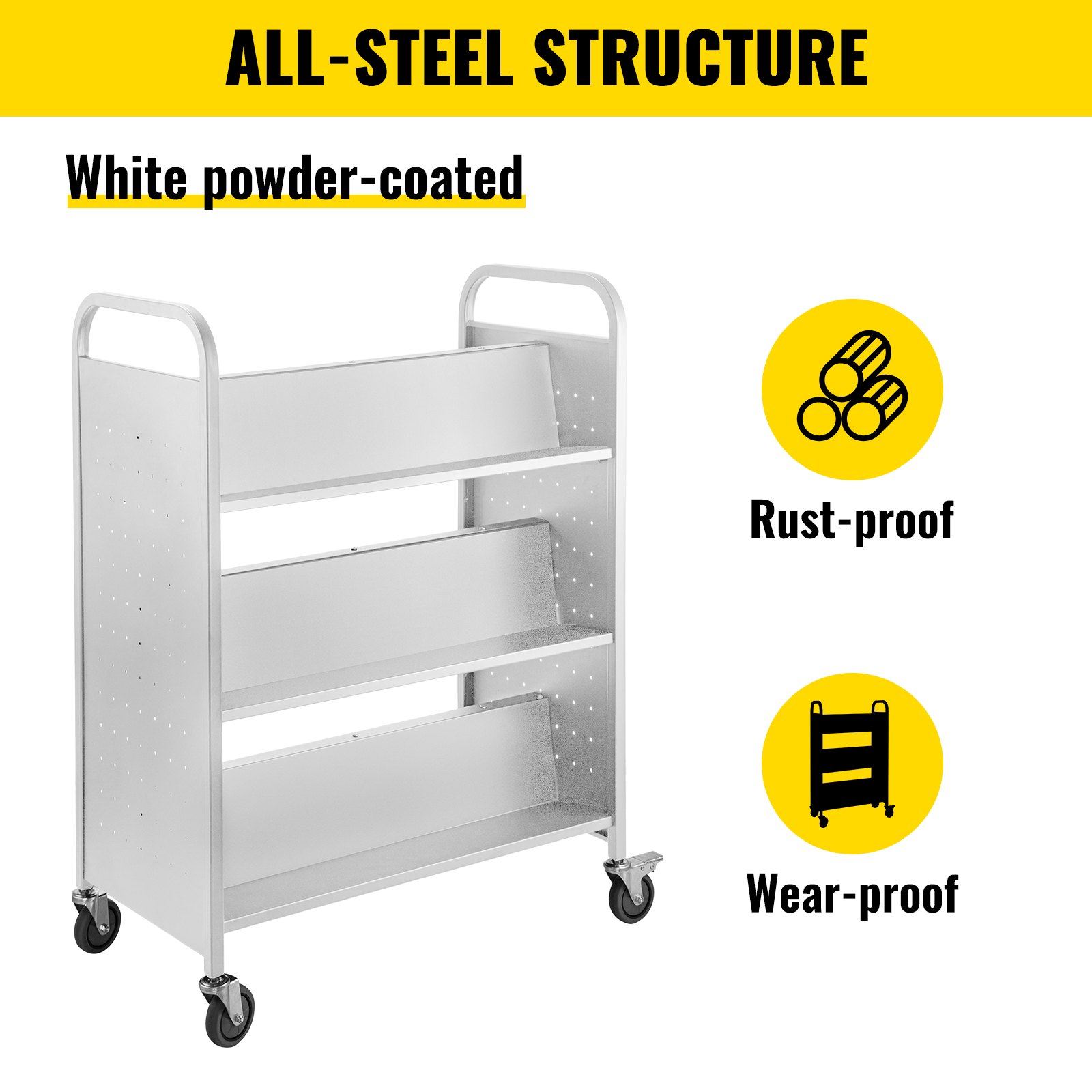 VEVOR book cart, white powder-coated steel with wheels, rust-proof and wear-proof.