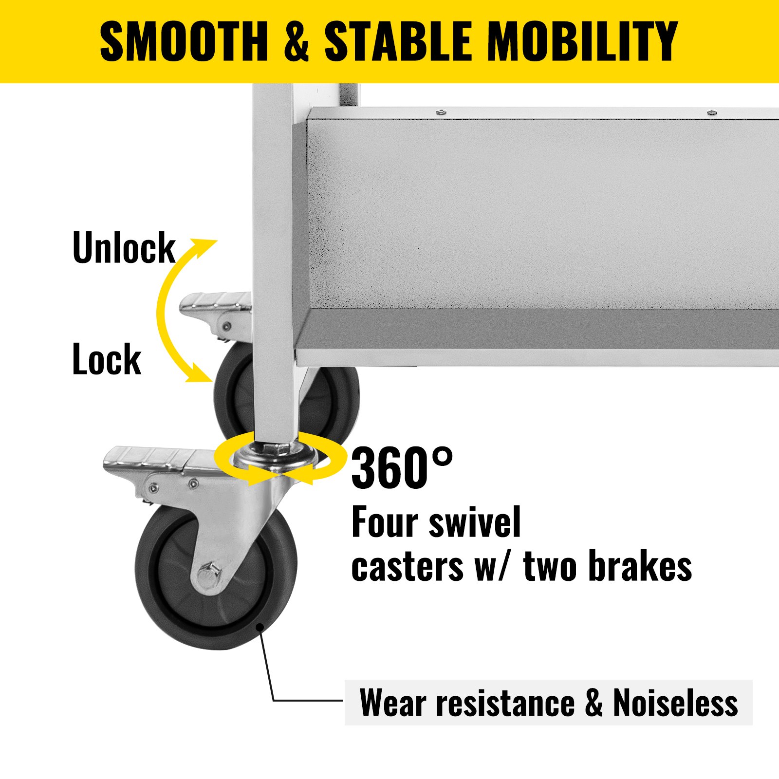VEVOR book cart with 360° swivel casters, lockable brakes, and smooth mobility.